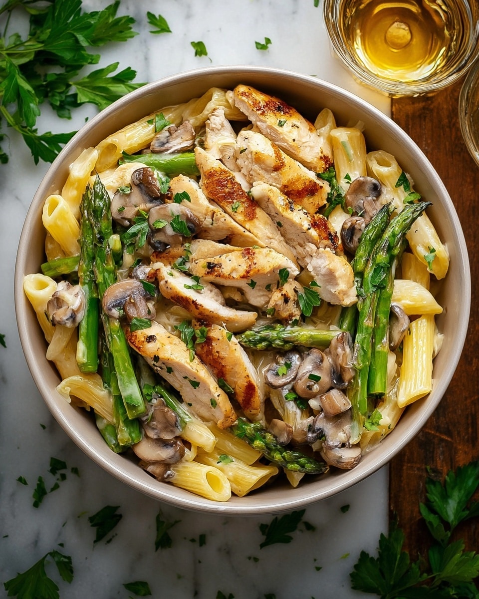 A close-up view of a creamy penne pasta dish in a white bowl, showing three main layers: the base layer of light yellow penne pasta tubes, a middle layer of golden brown grilled chicken pieces and fresh green asparagus spears, and a top layer of soft brown mushroom slices coated in creamy white sauce with a sprinkling of finely chopped bright green herbs and black pepper, all set against a white marbled texture background. photo taken with an iphone --ar 4:5 --v 7