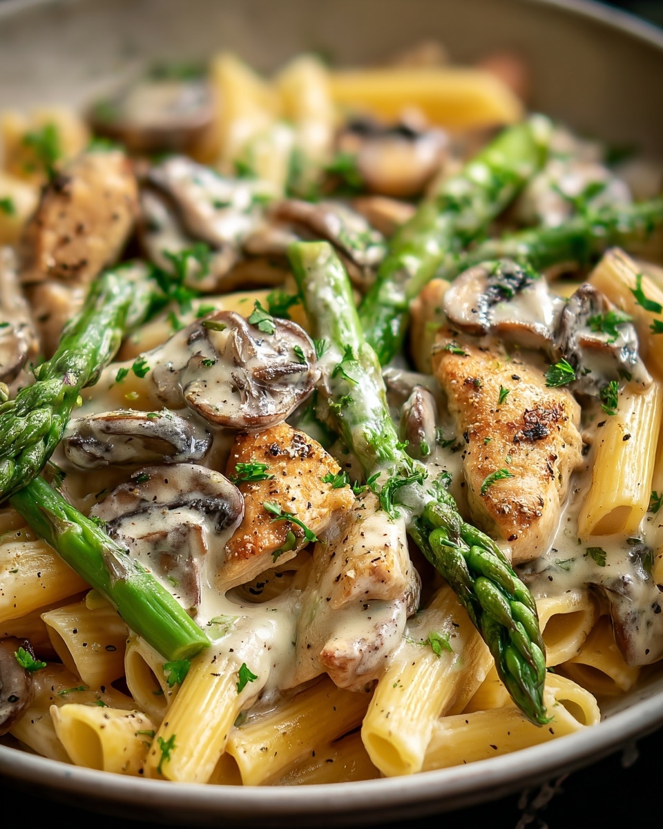 The image shows a white bowl filled with creamy pasta that has three main layers: the bottom layer is yellowish penne pasta coated lightly with a cream sauce, the middle layer includes sautéed sliced brown mushrooms and bright green asparagus pieces, and the top layer features golden-brown grilled chicken strips and scattered fresh green parsley leaves. The textures range from smooth and creamy sauce on the pasta, slightly crispy edges on the chicken, to the firm vegetables. The bowl sits on a white marbled surface with a glass of golden liquid on the upper right side, and scattered parsley leaves adding a fresh touch. Photo taken with an iphone --ar 4:5 --v 7