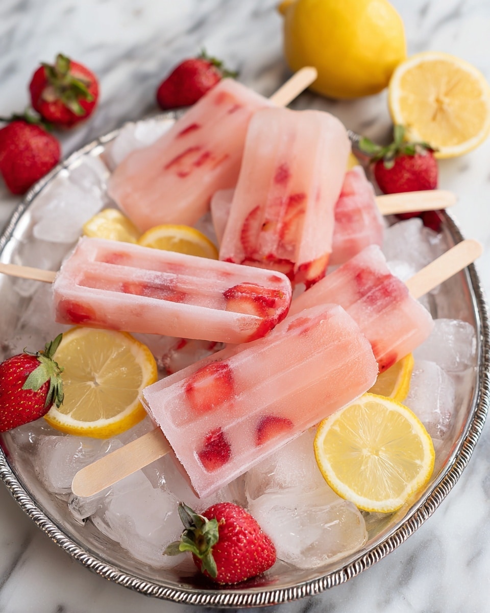 The image shows five pinkish-orange popsicles with small red strawberry pieces inside them. They have wooden sticks and are placed on a silver tray filled with clear ice cubes and yellow lemon slices. Around the tray, whole and cut strawberries and lemon slices are scattered over a white marbled surface. One of the popsicles has a bite taken out of it, showing a soft texture inside. The scene is bright and fresh, making the popsicles look cool and tasty. photo taken with an iphone --ar 4:5 --v 7