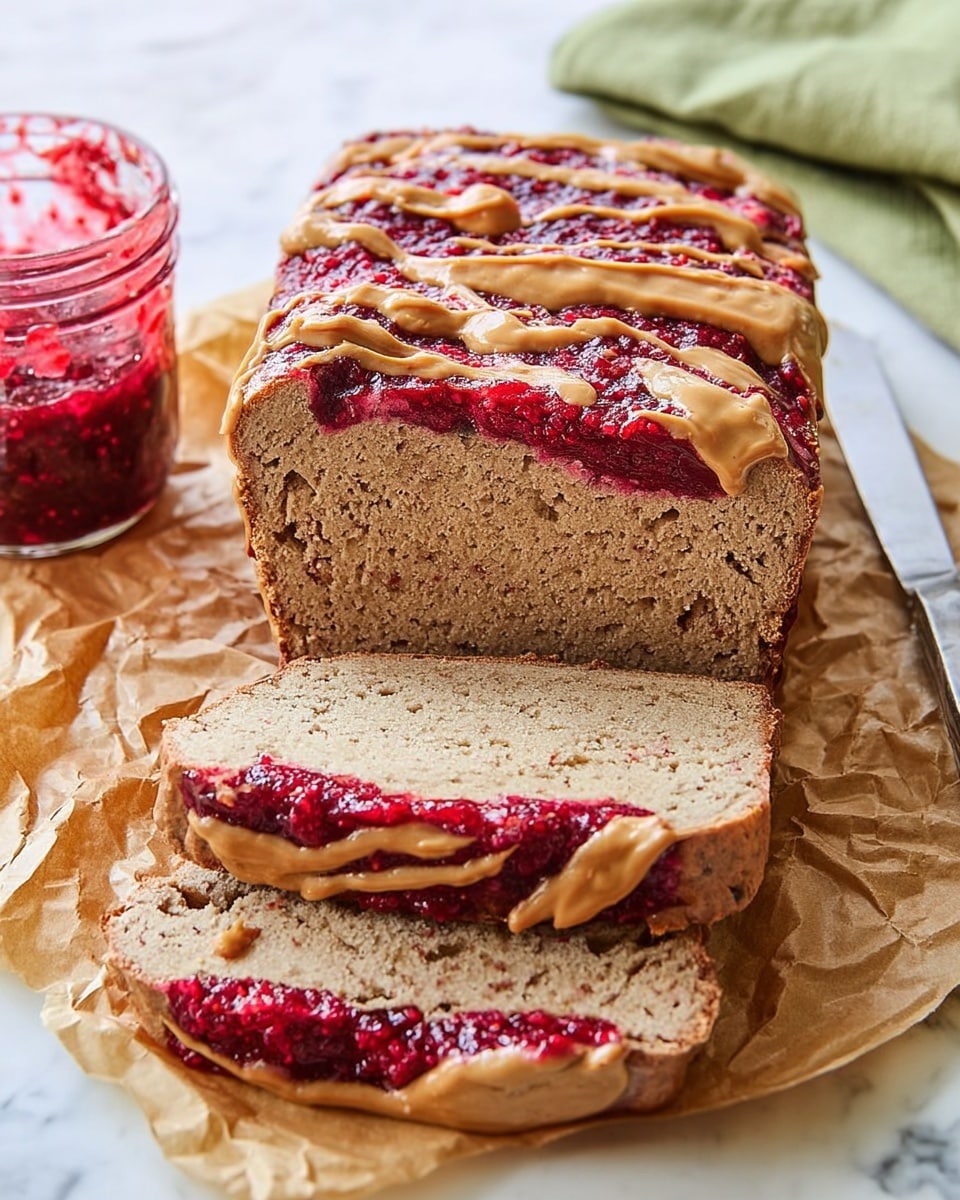 A loaf of bread with two slices cut from the back, revealing a light brown, soft texture with a wavy darker brown line near the middle, sits on crumpled parchment paper over a white marbled surface. The front of the loaf is topped unevenly with a thick, red fruit jam and a light brown creamy spread, creating a contrast of rough and smooth textures. Next to the loaf is an open glass jar filled with the same red jam, with a spoon inside it. A silver knife lies to the left on the parchment paper. Photo taken with an iphone --ar 4:5 --v 7