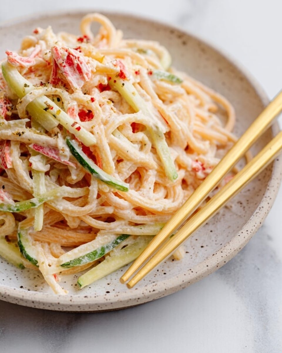 The image shows a close-up of a white speckled round plate filled with a creamy noodle salad. The dish has three clear layers: the bottom layer is pale orange noodles, the middle layer has thin, green cucumber sticks, and the top layer is coated with a creamy white sauce mixed with small pieces of crab sticks in red and white colors. Light yellow chopsticks rest on the edge of the plate. The plate is placed on a white marbled surface. Photo taken with an iphone --ar 4:5 --v 7
