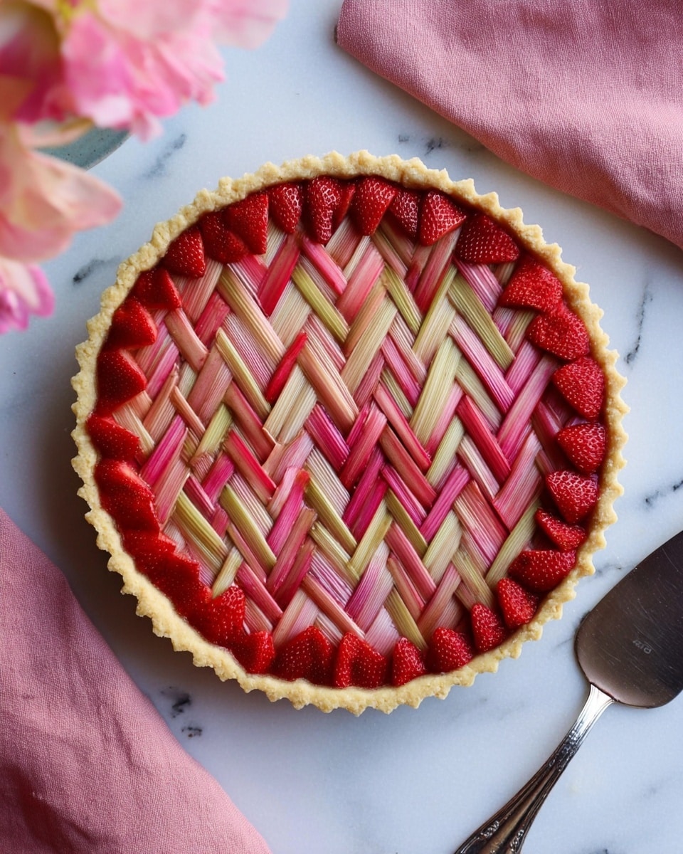 A tart is shown from above with one thin crust layer forming the base, pale yellow in color with a slightly crimped edge. On top, there is a creative design made of thin strips of rhubarb in pink and light red shades, arranged in a geometric chevron pattern that creates a textured, zigzag look. Around the tart's edge, there are small slices of bright red strawberry pieces forming a thin border. The tart sits on a white marbled surface, with a silver pie server to the right and a pink cloth below. There are soft pink flowers partially visible on the top left corner. photo taken with an iphone --ar 4:5 --v 7