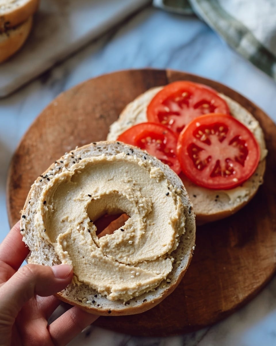 A wooden round plate holds a bagel cut in half with sesame and poppy seeds on the top half, showing a soft, airy inside; one bottom half is spread thickly with creamy, pale beige hummus, the other bottom half has two bright red tomato slices with visible seeds and juicy texture. Next to the plate is a white bowl filled with more hummus, and a knife with a green handle rests inside. A white and blue striped cloth sits in the background on a white marbled surface. photo taken with an iphone --ar 4:5 --v 7