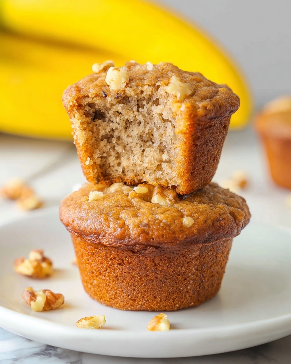 The image shows two banana muffins stacked on top of each other on a white plate. The bottom muffin is whole with a light brown, slightly textured top studded with small walnut pieces. The top muffin is cut in half, revealing a moist, soft, spongy interior with small bits of banana and nut pieces inside. The muffins have a warm golden-brown color and sit on a white marbled surface with some small walnut pieces scattered around. In the background, a slightly blurred bunch of yellow bananas adds a fresh, bright touch. Photo taken with an iphone --ar 4:5 --v 7
