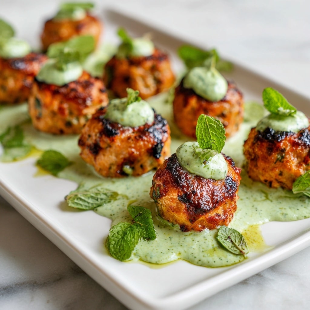 A white square plate holds nine grilled salmon meatballs with a golden-brown crust and slight charring, arranged in three rows. Each meatball is topped with a dollop of creamy green herb sauce that drips down the sides, pooling slightly on the plate. Fresh green herb leaves are scattered on and around the meatballs, adding a touch of bright color. The plate sits on a white marbled surface, enhancing the vibrant colors of the dish. photo taken with an iphone --ar 4:5 --v 7