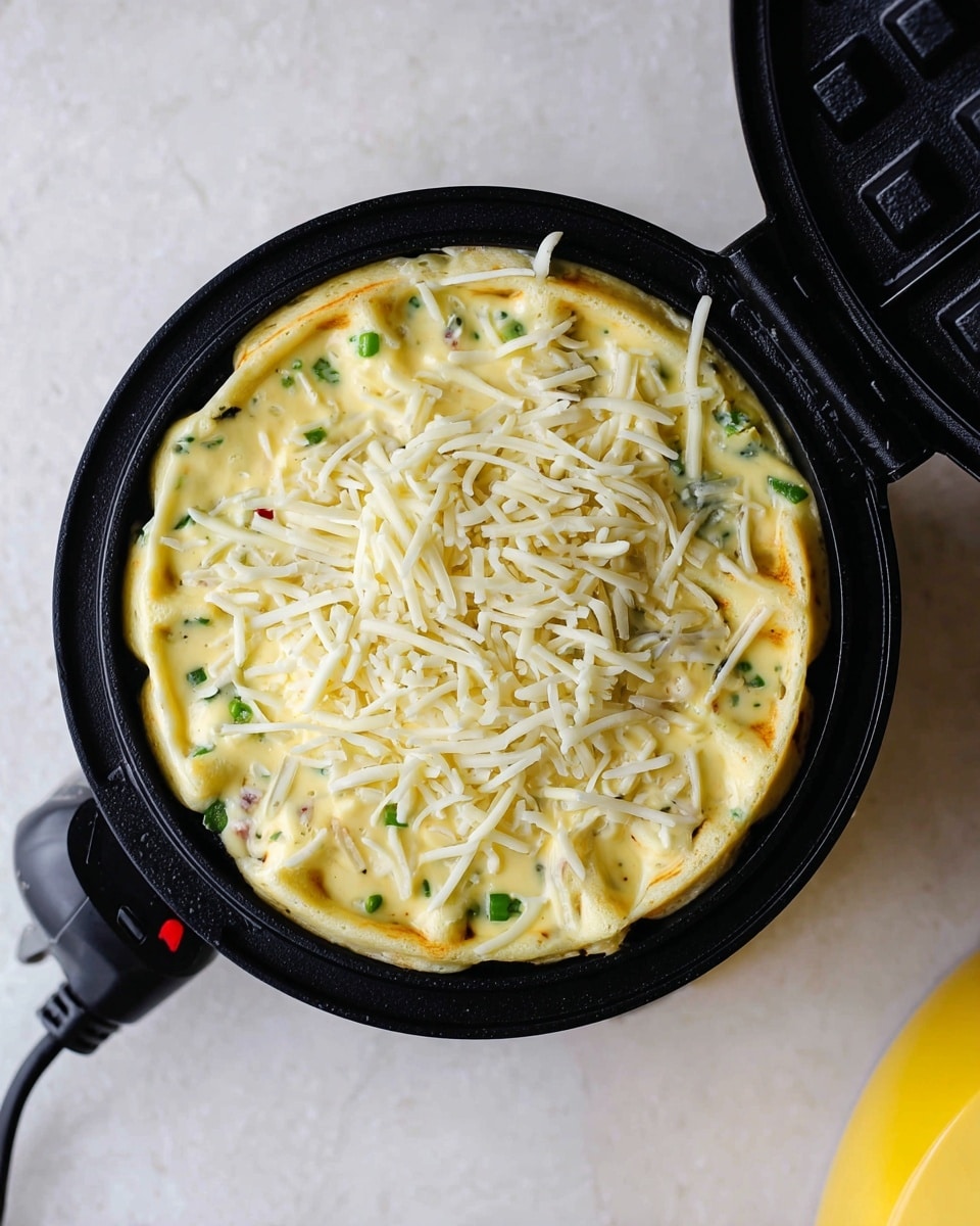 The image shows two golden-brown waffles stacked on a white plate with a textured pattern. The waffles have a crispy look with square pockets and slight browning on the edges. There are small green chopped pieces, likely chives, sprinkled on the top waffle. A silver fork rests on the right side of the plate. The background features a white marbled surface with a few green chive pieces casually placed. Photo taken with an iphone --ar 4:5 --v 7