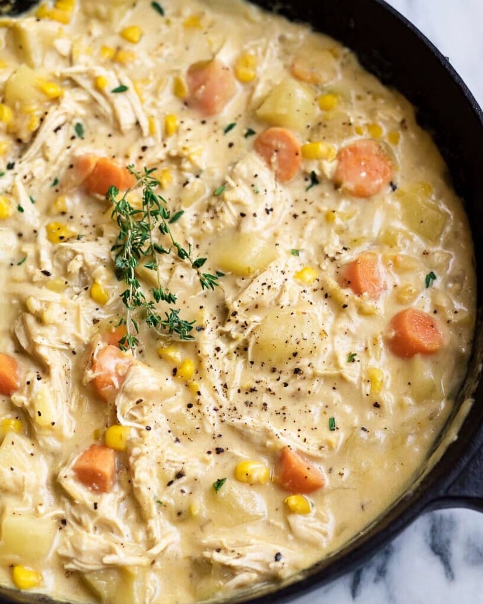 Two white bowls filled with creamy chicken and vegetable chowder, each bowl showing a thick mixture with visible yellow corn, soft orange carrot slices, and white chunks of chicken and potatoes in a light creamy broth. One bowl in the front is topped with a small green herb sprig, while the other bowl behind it has a topping of crumbled crispy red bacon bits. The bowls are set on a white marbled surface with some scattered crackers and fresh thyme sprigs nearby. photo taken with an iphone --ar 4:5 --v 7