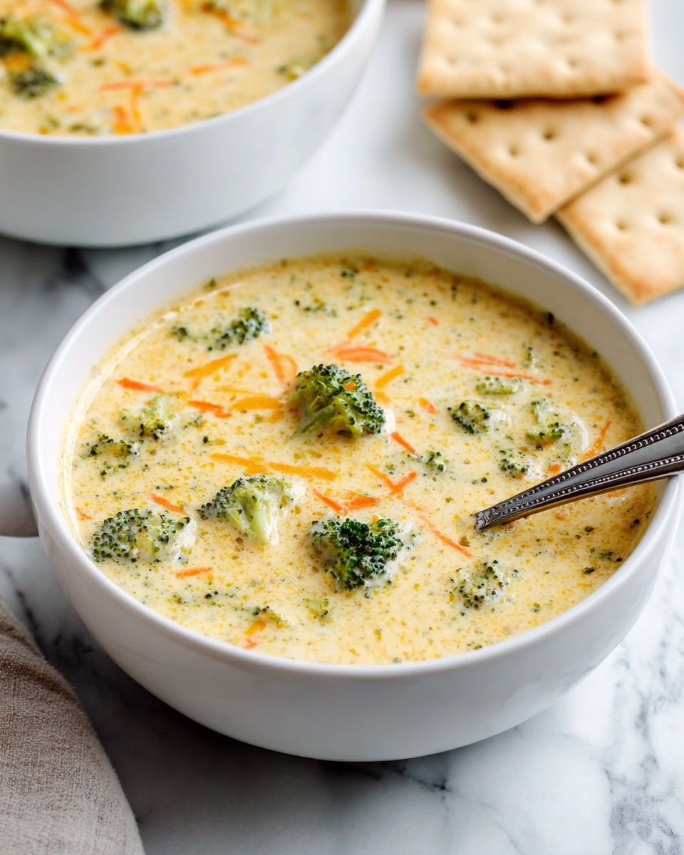 The image shows a round bread bowl with a golden-brown crust, hollowed out and filled with creamy, light-colored broccoli soup that has visible green broccoli pieces and small bits of other vegetables. A white spoon is sticking out of the soup inside the bread bowl. The bread bowl is placed on a wooden board, with the removed bread lid resting behind it. The background is a white marbled texture with soft lighting highlighting the textures and colors of the bread and soup. photo taken with an iphone --ar 4:5 --v 7