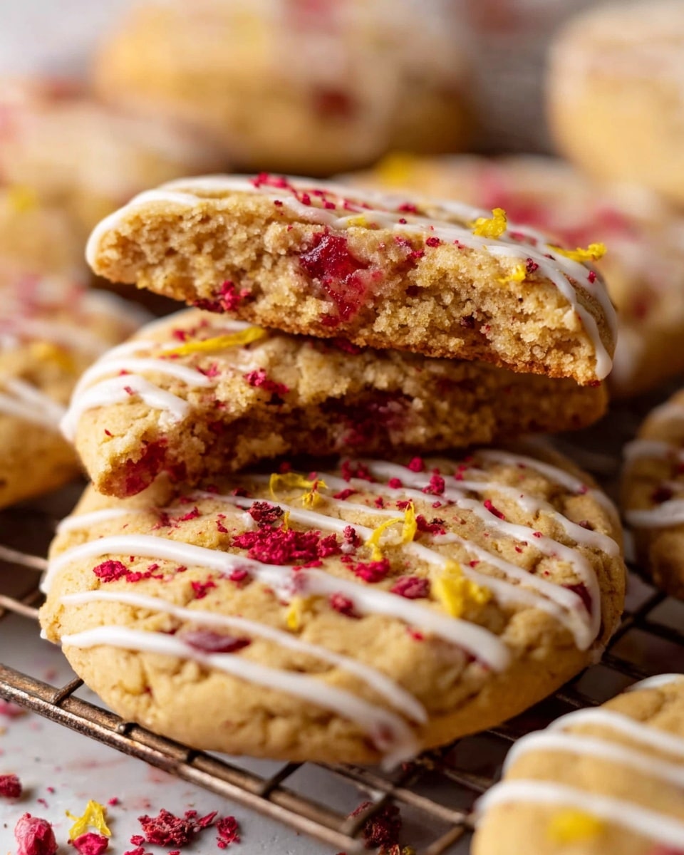 A close-up view of soft, golden-brown cookies with a rough texture, topped with thin white icing lines drizzled across each one. Small bright red berry pieces and tiny yellow zest bits are scattered on the cookies, adding color and texture. One cookie is broken in half and stacked on another, showing the chewy inside filled with red berry bits. The cookies rest on a metal cooling rack with a blurred white marbled background. The overall look is warm and inviting, highlighting the cookie's softness and detailed toppings. photo taken with an iphone --ar 4:5 --v 7