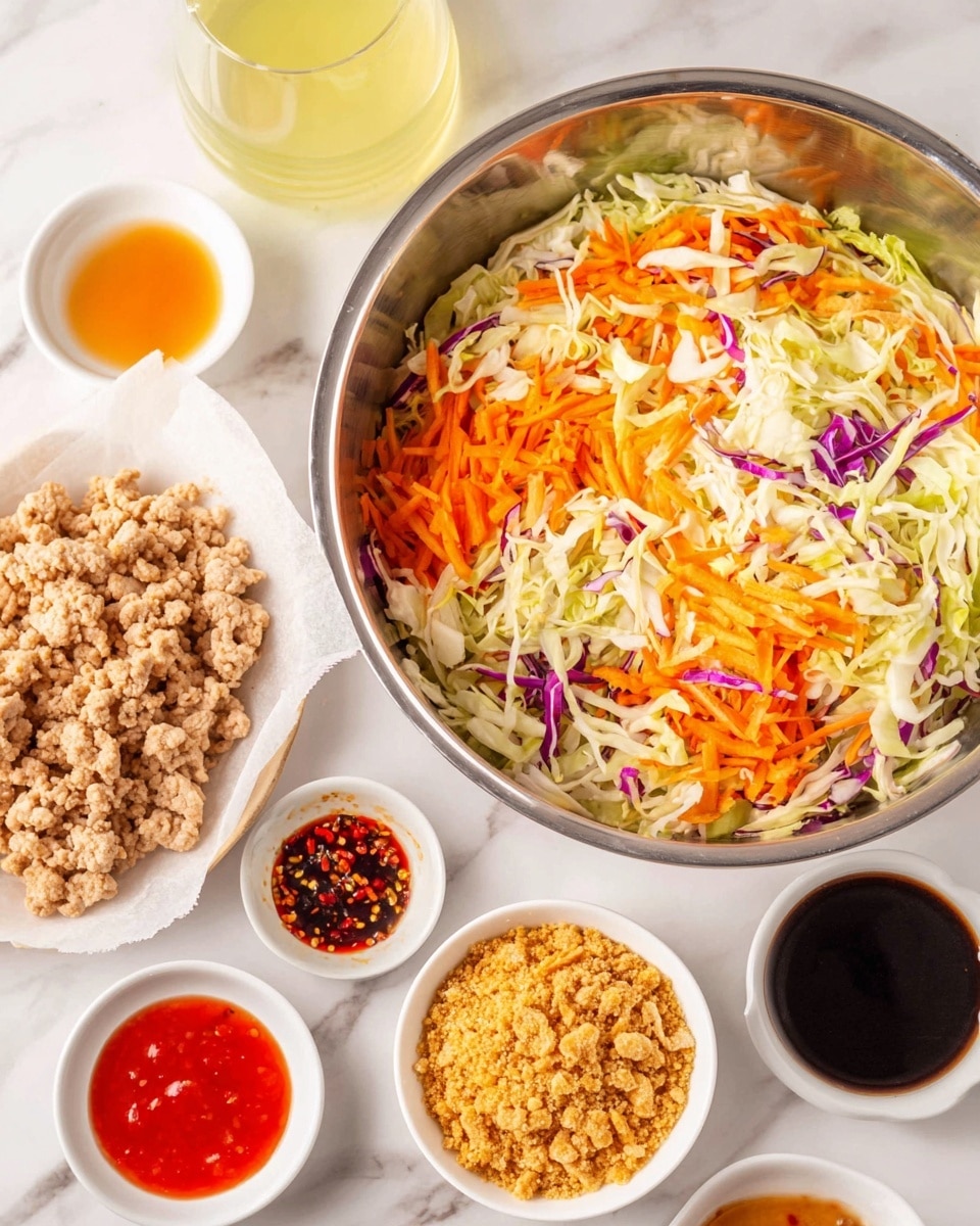 A white bowl filled with a layered dish starting with a base of ground meat mixed with orange and white cooked vegetables, topped with thin yellow crispy strips and sprinkled with chopped green onions. Behind the bowl, a glass with ice-filled dark brown soda is visible, along with a small white bowl containing more yellow crispy strips. The setting is on a white marbled surface with a green and white patterned cloth under the bowls, photo taken with an iphone --ar 4:5 --v 7