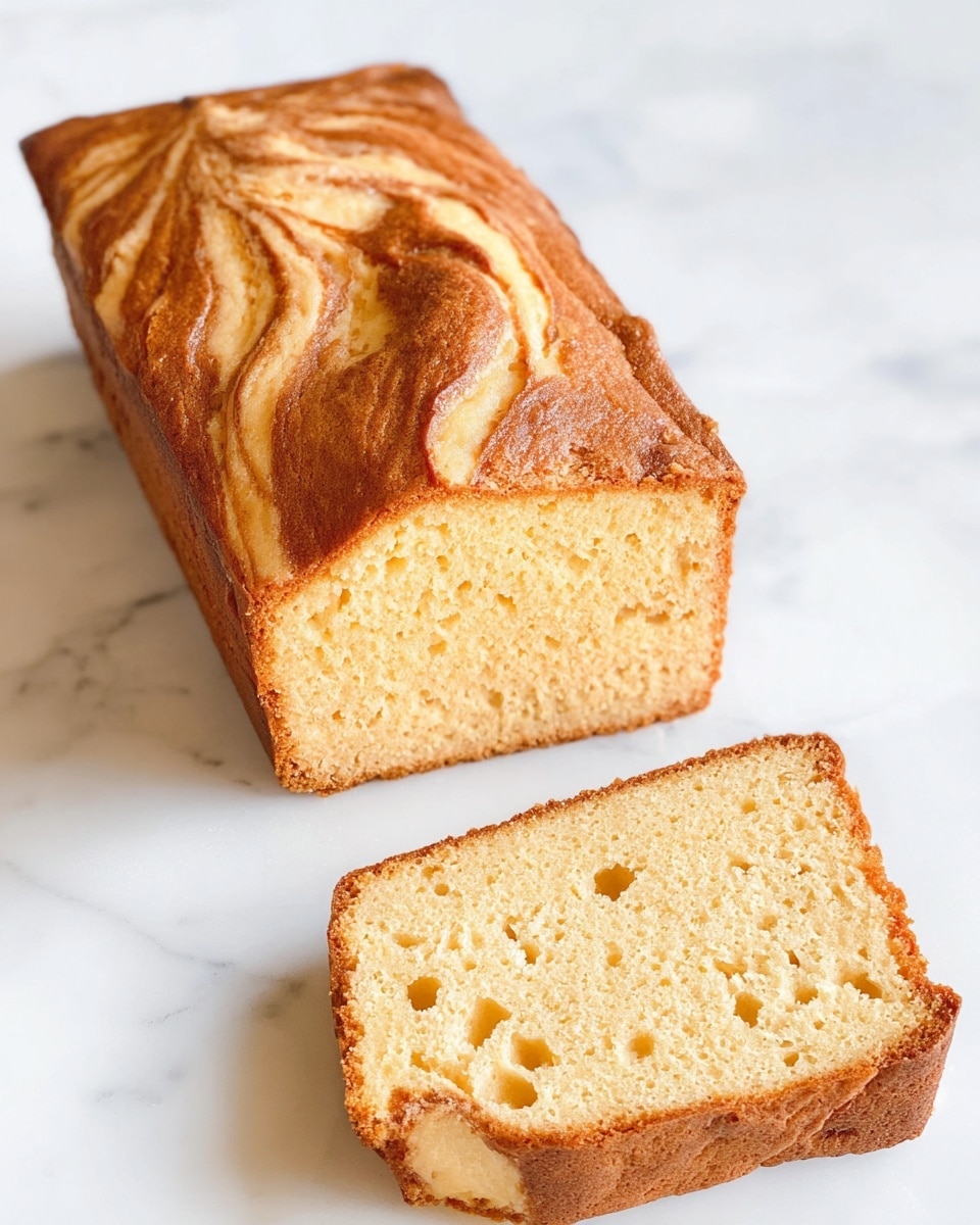 A loaf of light brown cake with a swirled top, showing a darker golden brown crust and a lighter, creamy swirled pattern on top, sits on a white marbled surface. Next to it is a single thick slice of the same cake, revealing a soft, airy interior with small holes and a light golden-yellow color. The slice has a crisp, slightly darker brown edge along the bottom and right side. photo taken with an iphone --ar 4:5 --v 7