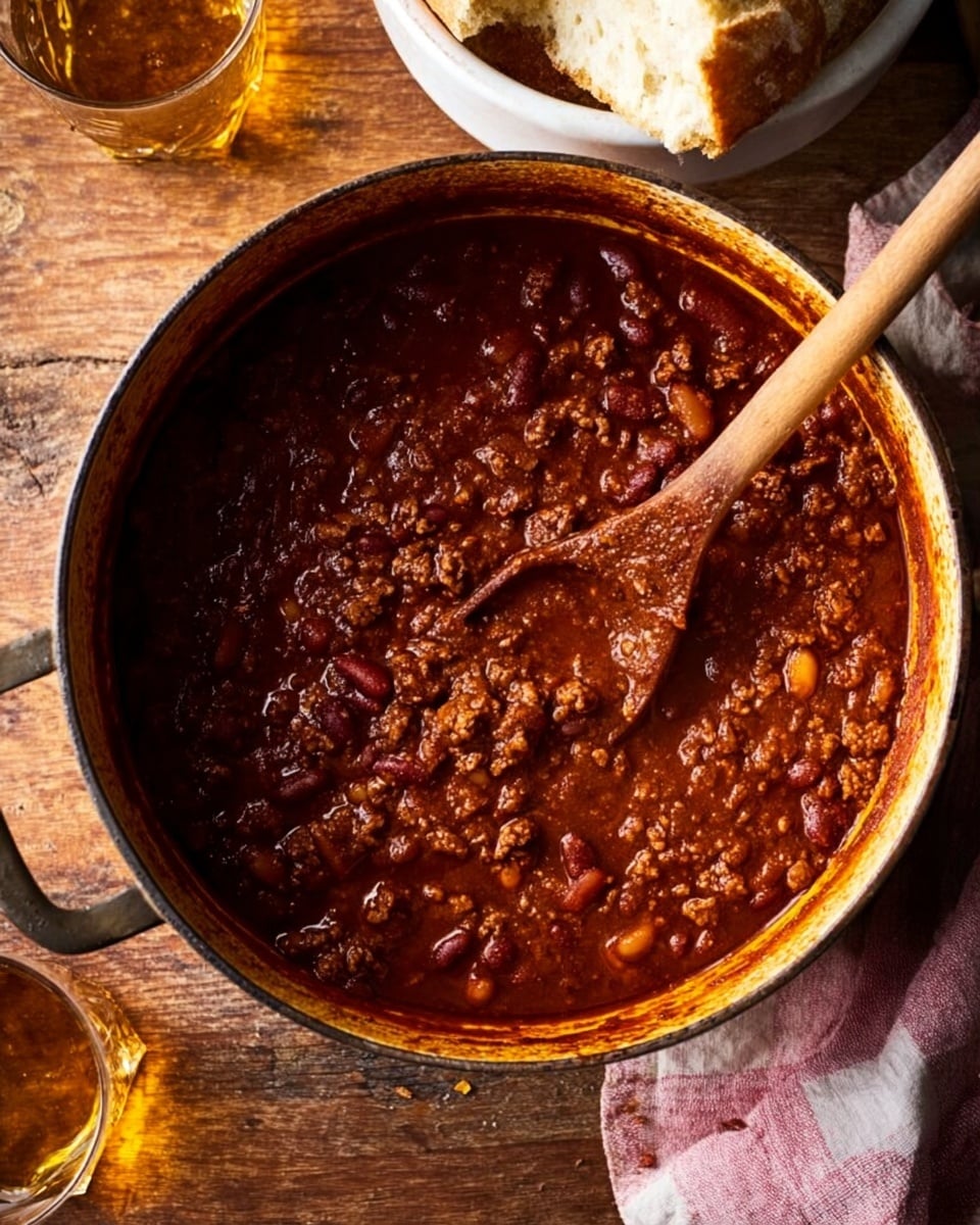 A white bowl filled with thick chili showing visible layers of beans and ground meat in a rich red sauce, topped with a generous mound of shredded bright orange cheddar cheese scattered unevenly, a dollop of white sour cream in the center, and fresh chopped green onions sprinkled over all. The bowl rests on a black textured plate on a wooden surface with a rough beige cloth napkin folded behind it and pieces of broken biscuit on the side. A faint amber drink in a glass is visible in the lower left corner. photo taken with an iphone --ar 4:5 --v 7