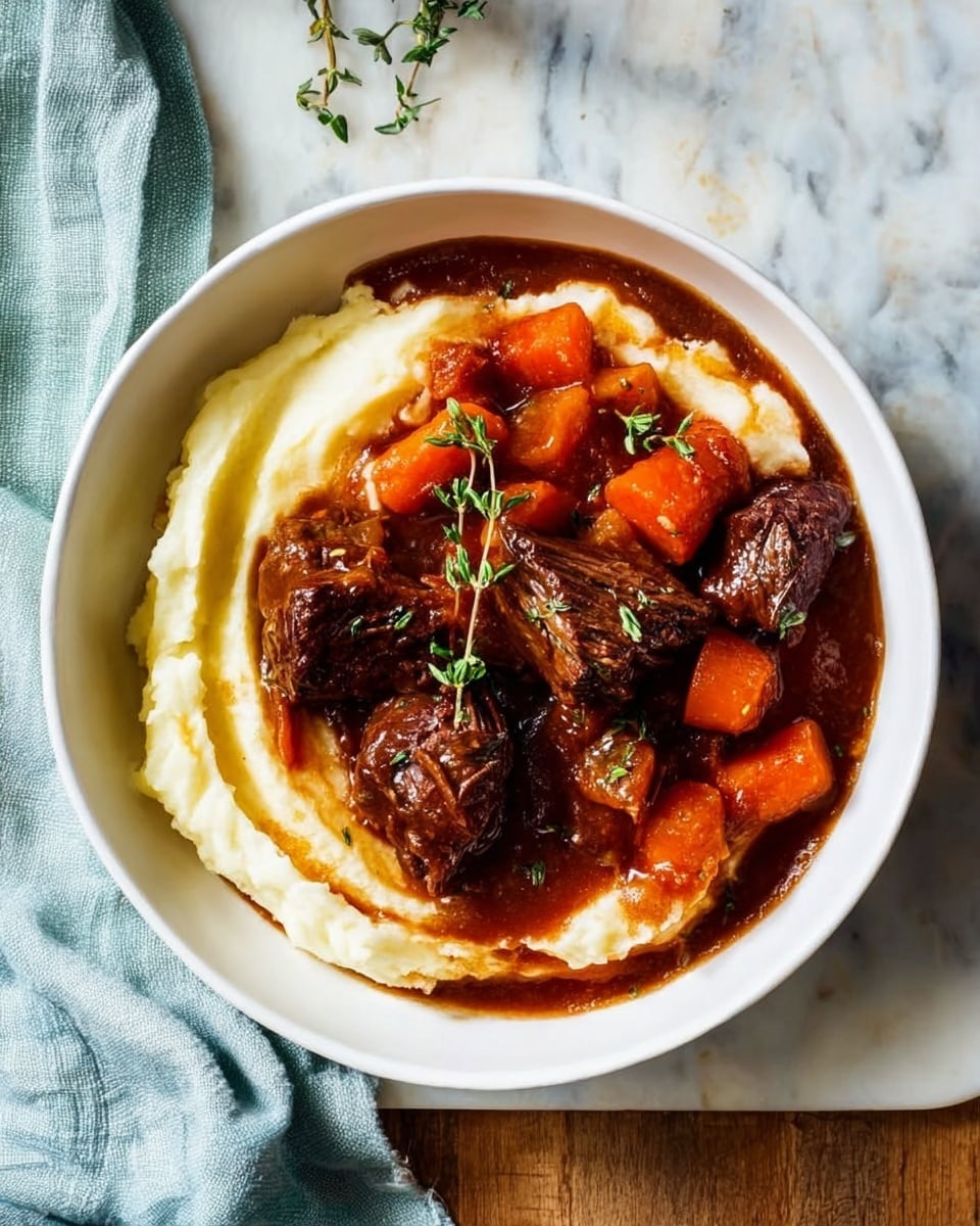A white bowl holds a meal with three large, brown, glazed beef chunks sitting on top of a bed of creamy, smooth, white mashed potatoes. Around the beef are thick, soft orange carrot pieces, all covered in a dark brown gravy that pools lightly in the bowl. Fresh green thyme sprigs rest on top of the beef and carrots, adding a touch of color. The bowl sits on a white marbled surface with a glass of dark liquid blurred in the background. photo taken with an iphone --ar 4:5 --v 7