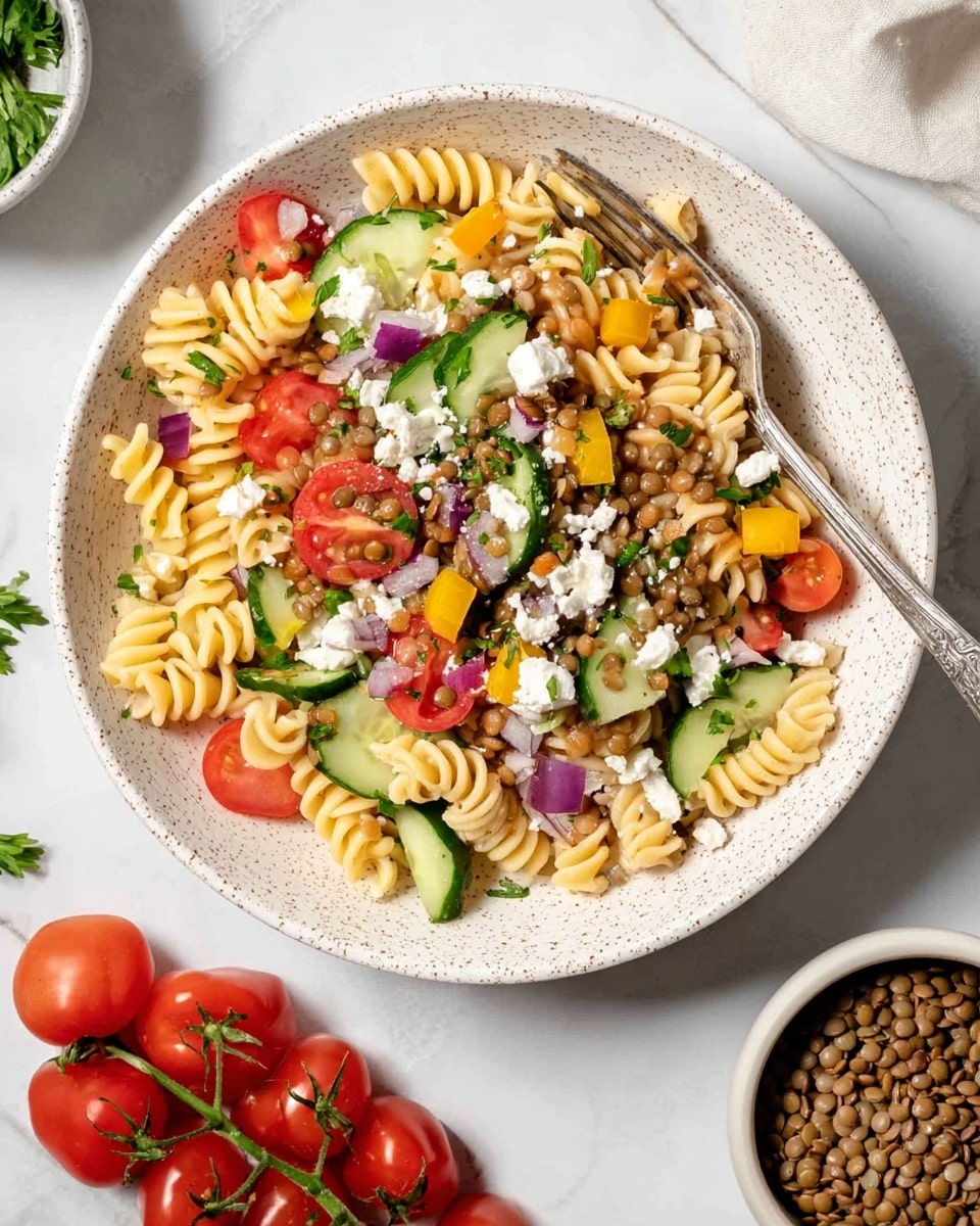The image shows a white speckled bowl filled with a colorful pasta salad. The base layer is light beige spiral rotini pasta. On top of the pasta, there are brown lentils evenly spread across the bowl. Fresh green cucumber slices and bright red cherry tomato halves add a crisp texture. Small chunks of white feta cheese and pieces of yellow bell pepper are scattered throughout. Sprigs of green parsley and small bits of red onion are mixed in, with a few black olives for contrast. A silver fork is resting inside the bowl, with a light gray cloth napkin draped nearby, all on a white marbled surface. In the background, a white bowl filled with brown lentils and a small bunch of vine tomatoes are slightly blurred. Photo taken with an iphone --ar 4:5 --v 7