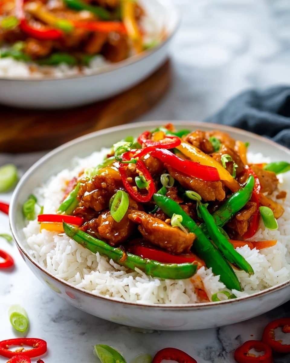 A white bowl filled with a base layer of fluffy white rice, topped with a colorful stir-fry containing golden-brown cooked chicken pieces, bright red and yellow bell pepper strips, green snap peas, and sliced red chili peppers. The stir-fry looks glossy with a savory sauce and is garnished with thinly sliced green onions spread over the top. The bowl is placed on a white marbled surface with some scattered green onion pieces around it. photo taken with an iphone --ar 4:5 --v 7