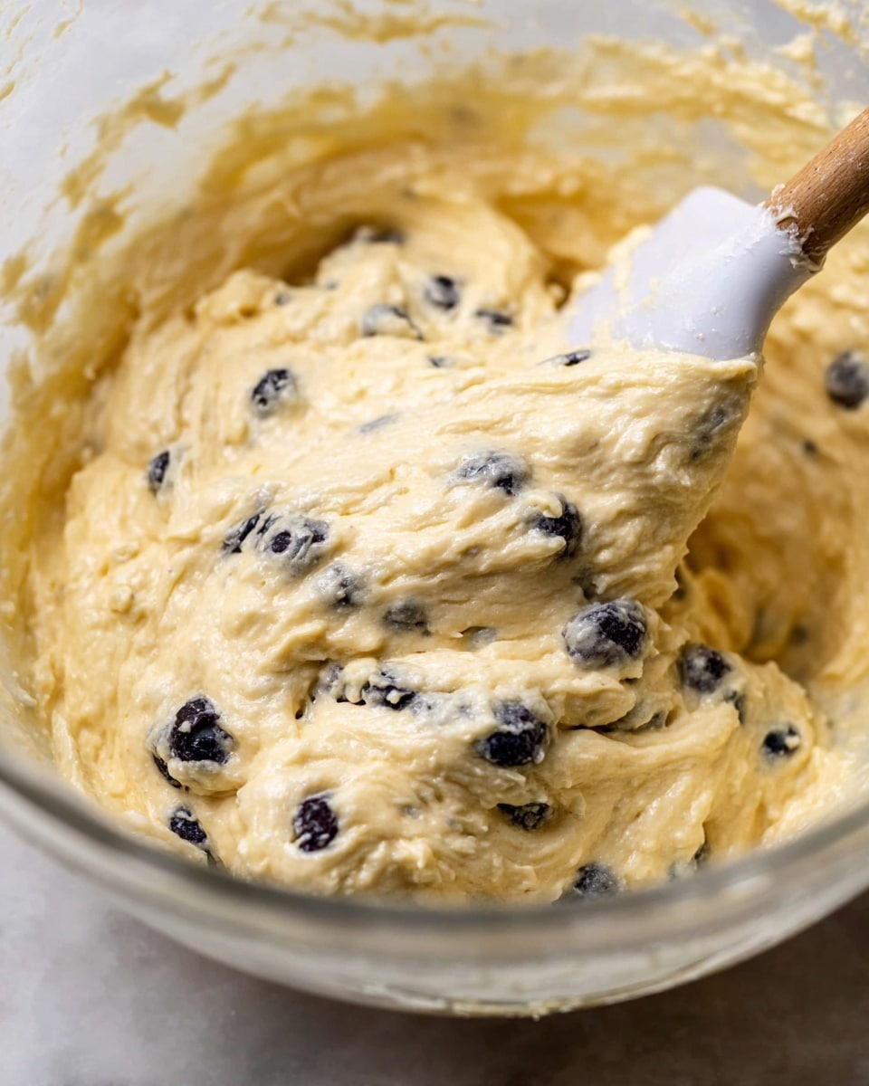 A single thick slice of yellow blueberry cake rests on a white plate with a fluted edge, showing dense texture with many dark purple blueberries spread evenly inside. The top layer of the cake has a light golden-brown crust with some crumbly bits. The plate sits on a white marbled surface with scattered blueberries and a half lemon nearby, with a bowl full of blueberries blurred in the background. photo taken with an iphone --ar 4:5 --v 7