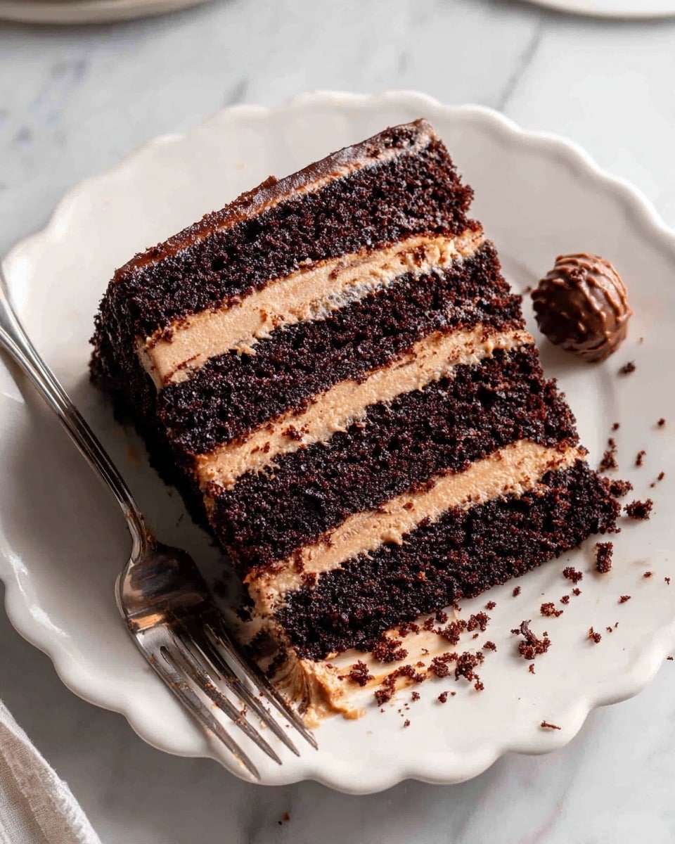 A four-layer dark chocolate cake with thick, smooth light brown frosting evenly spread between each layer and on top, topped with round cocoa-dusted chocolate truffles arranged in a circle. The cake is cut open, showing the rich, moist texture of the chocolate layers and creamy frosting inside, with a small piece broken off and placed beside it. There are dark chocolate drizzle accents on the frosting and scattered cocoa powder on the white marbled surface beneath. Photo taken with an iphone --ar 4:5 --v 7