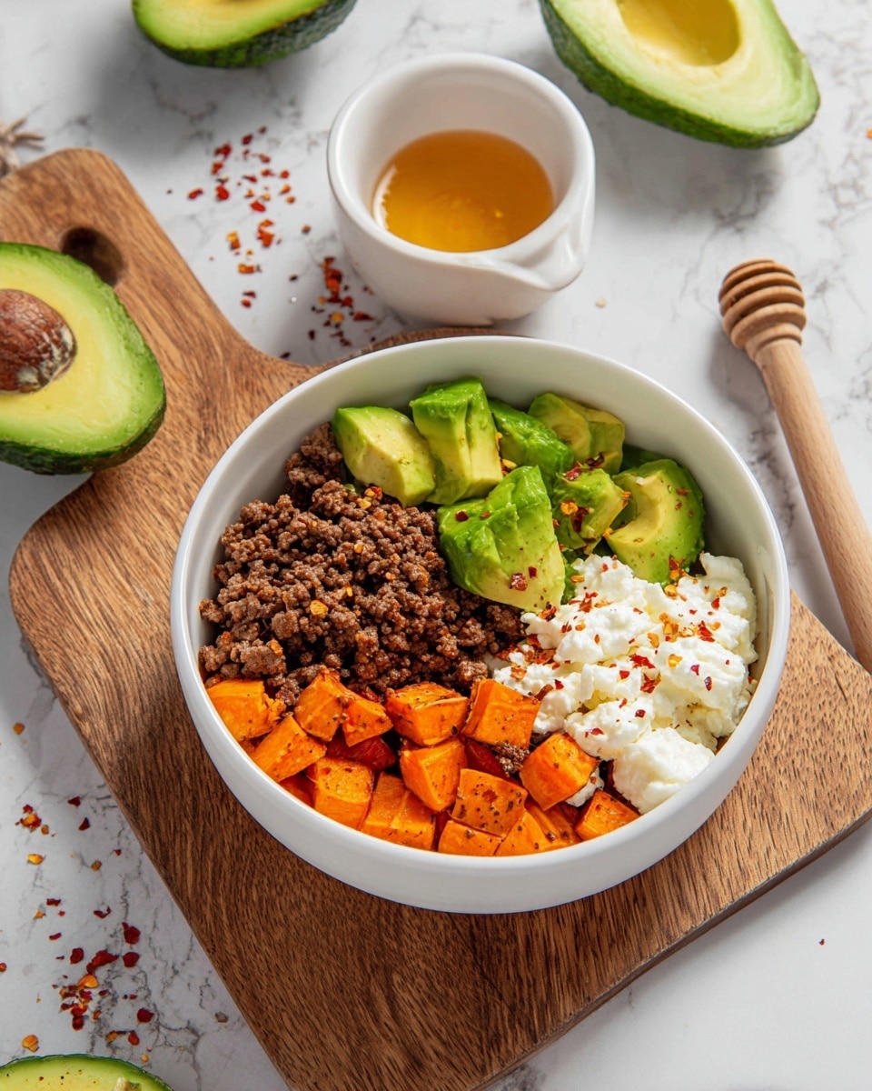 A white bowl contains four clear sections: in the top-left, bright green chunks of fresh avocado with smooth texture; directly below, a pile of cooked ground beef, brown and crumbly; to the right of the avocado, white creamy cottage cheese topped lightly with red chili flakes; and below the cottage cheese, orange roasted sweet potato cubes with lightly charred edges. The bowl sits on a wooden board which is placed on a white marbled surface. Around the bowl are avocado halves, another similar bowl partially visible, and a small white bowl of honey with a wooden dipper inside. Red chili flakes are scattered over the wooden board and marbled surface. Photo taken with an iphone --ar 4:5 --v 7