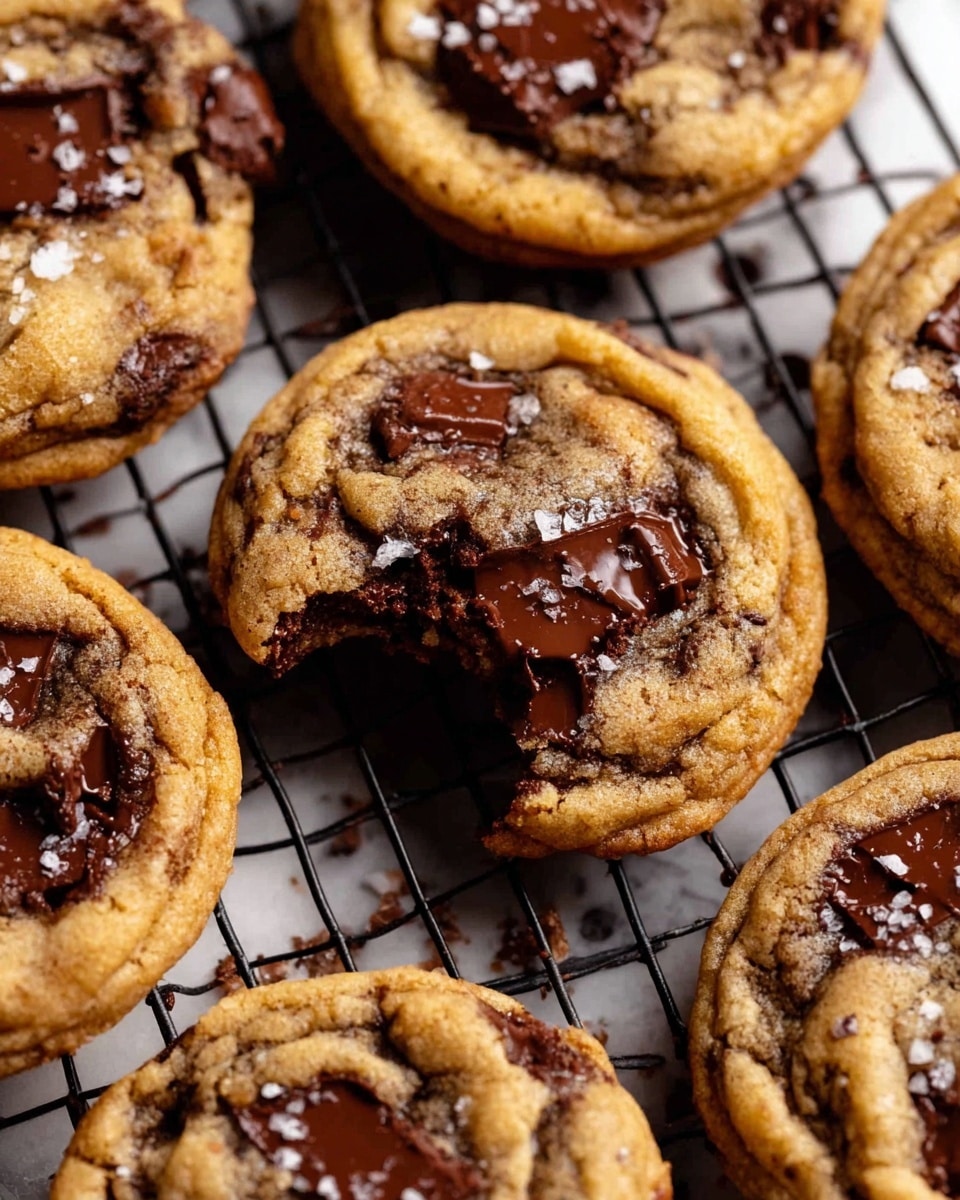 The image shows several golden brown cookies with a slightly crisp edge and soft center, arranged closely on a black cooling rack. Each cookie is loaded with dark melted chocolate chunks that glisten and ooze in the middle, giving a rich appearance. The cookie in the center has a bite taken out of it, revealing the gooey melted chocolate inside. Some scattered white flakes of coarse salt sit on the cookie tops, adding texture and contrast to the warm brown colors. The cooling rack rests on a white marbled surface, enhancing the homemade, fresh-baked feel of the scene. Photo taken with an iphone --ar 4:5 --v 7