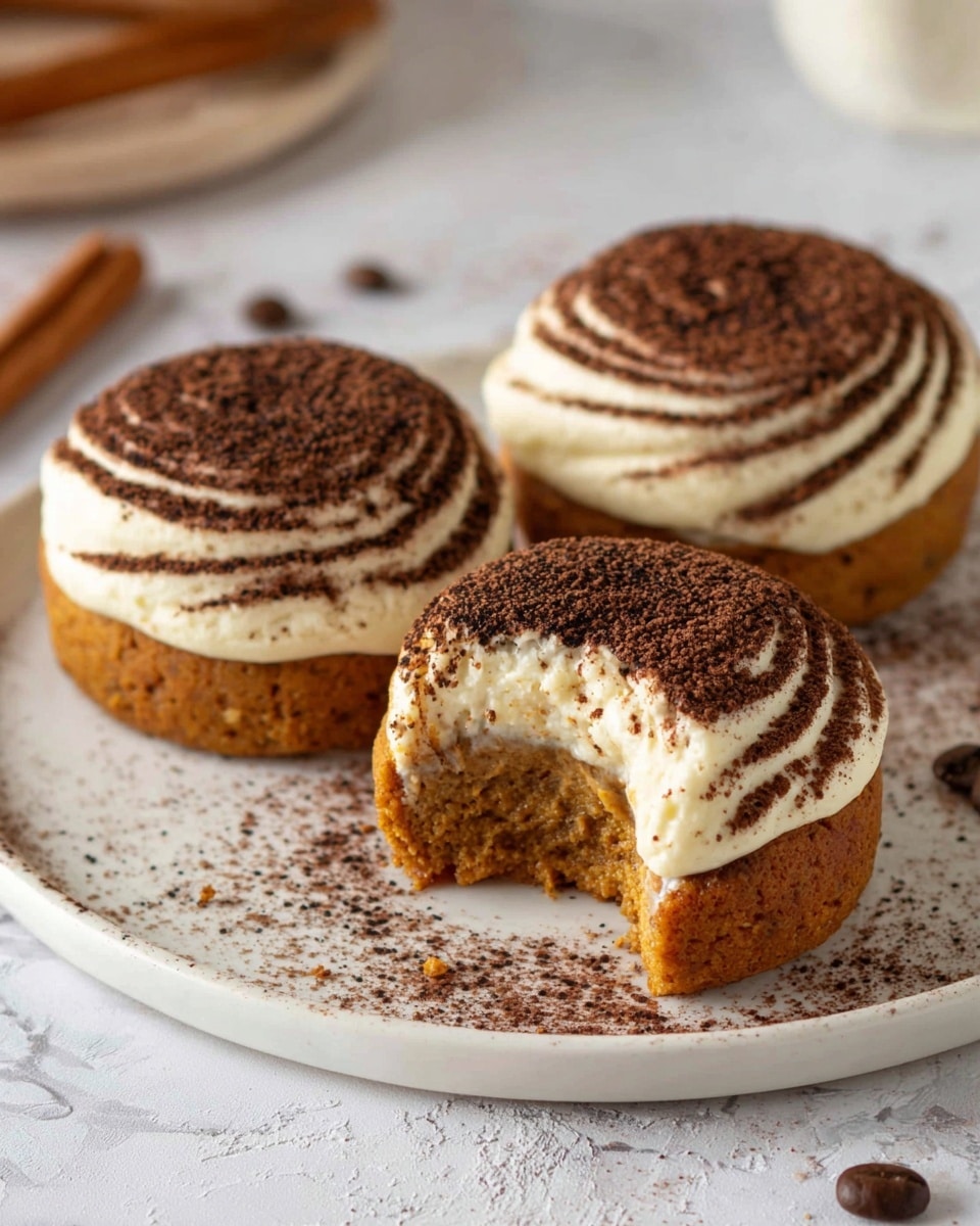 Three small round cakes sit on a white plate with a white marbled textured surface under them. Each cake has two layers: the bottom is a dense, brownish-orange cake, while the top is a thick swirl of creamy white frosting dusted evenly with dark brown cocoa powder. One cake has a small bite taken out of it, revealing the soft cake inside. There are some loose cocoa powder specks scattered around the plate, and a couple of cinnamon sticks and coffee beans lie nearby out of focus. Photo taken with an iphone --ar 4:5 --v 7