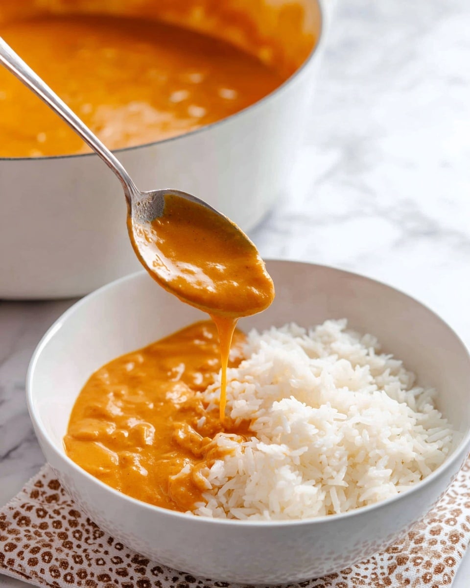 A white bowl holds two layers: on the right, fluffy white rice with separated grains, and on the left, thick orange curry sauce that looks smooth with small bits inside, partially covering the rice. A large silver spoon is pouring the curry from above, with the sauce dripping in a soft, flowing texture. Behind the bowl, a big white pot filled with more orange curry is partially visible, all set on a white marbled surface with a patterned cloth underneath the bowl. Photo taken with an iphone --ar 4:5 --v 7