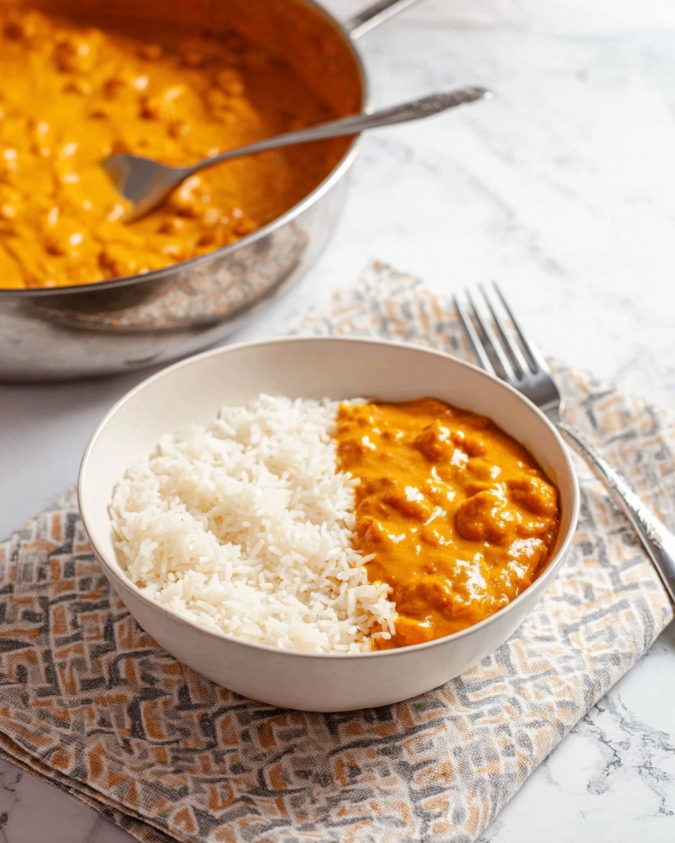 The image shows a white bowl containing two layers of food: on the right side is a layer of fluffy white rice with a soft texture, and on the left side is a thick, smooth orange curry sauce with small chunks visible inside. The bowl is placed on a light geometric-patterned cloth with beige and gray colors, resting on a white marbled surface. In the background, there is a large pan with more of the orange curry and a metal spoon inside. A silver fork is positioned next to the bowl on the cloth. photo taken with an iphone --ar 4:5 --v 7