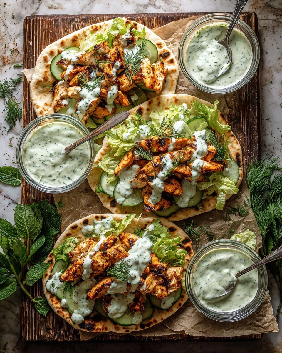 Two grilled chicken flatbreads are placed on a white plate with a white marbled surface underneath. Each flatbread has three layers: a base of light golden flatbread with slightly charred marks, a middle layer of shredded light green lettuce mixed with thin slices of purple onion, and a top layer of well-seared orange-brown grilled chicken pieces drizzled with a creamy white sauce speckled with green herbs. Next to the flatbreads is a small white bowl filled with the same creamy herb sauce. Photo taken with an iphone --ar 4:5 --v 7