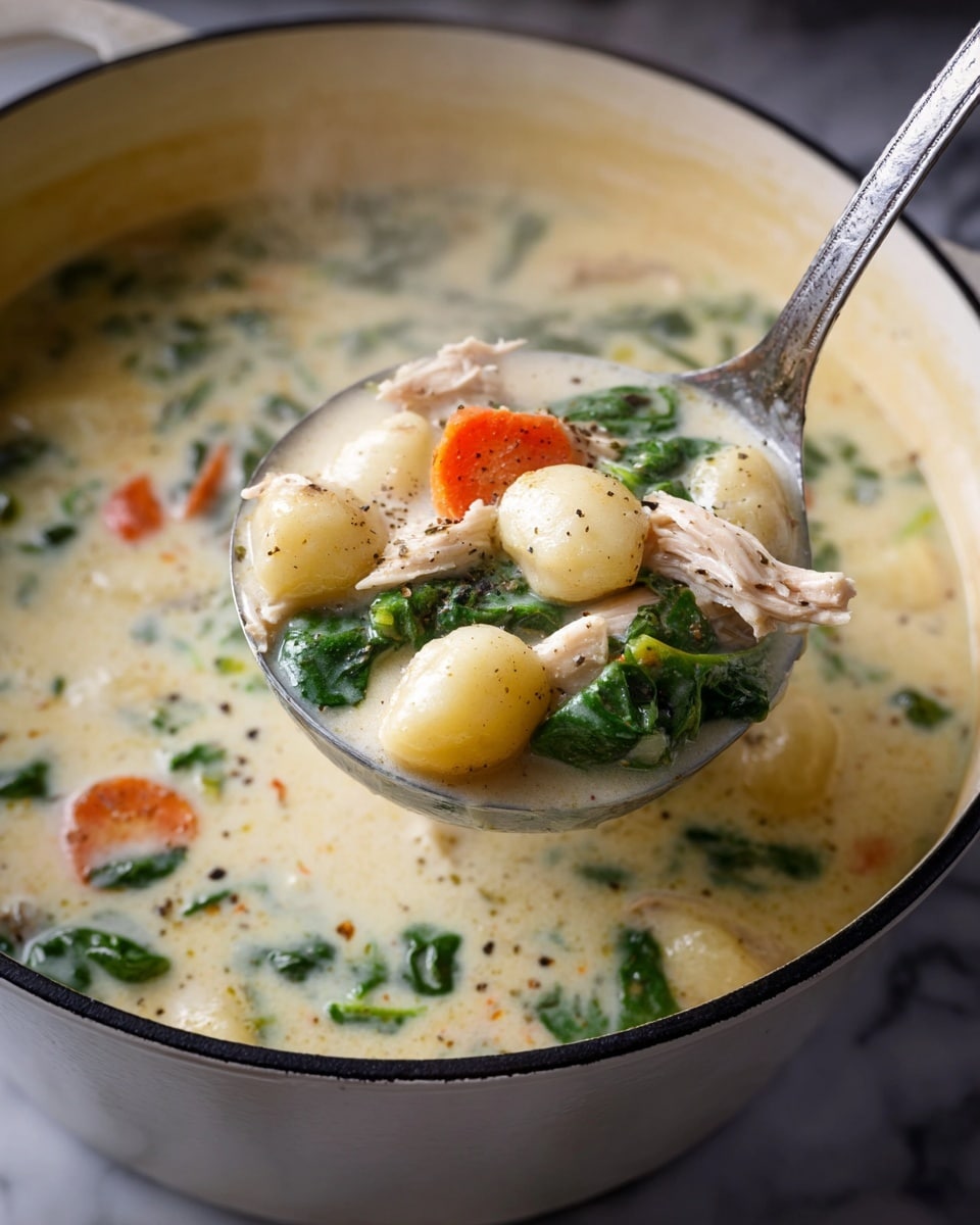A close-up view of a steaming ladle full of creamy soup filled with small, soft, pale yellow gnocchi, bright orange carrot slices, shredded light brown chicken pieces, and fresh dark green spinach leaves. The soup base is thick and creamy white with herbs and pepper specks scattered throughout. The ladle hangs over a white pot with a black rim, sitting on a white marbled surface, with the same soup visible inside the pot below. Photo taken with an iphone --ar 4:5 --v 7
