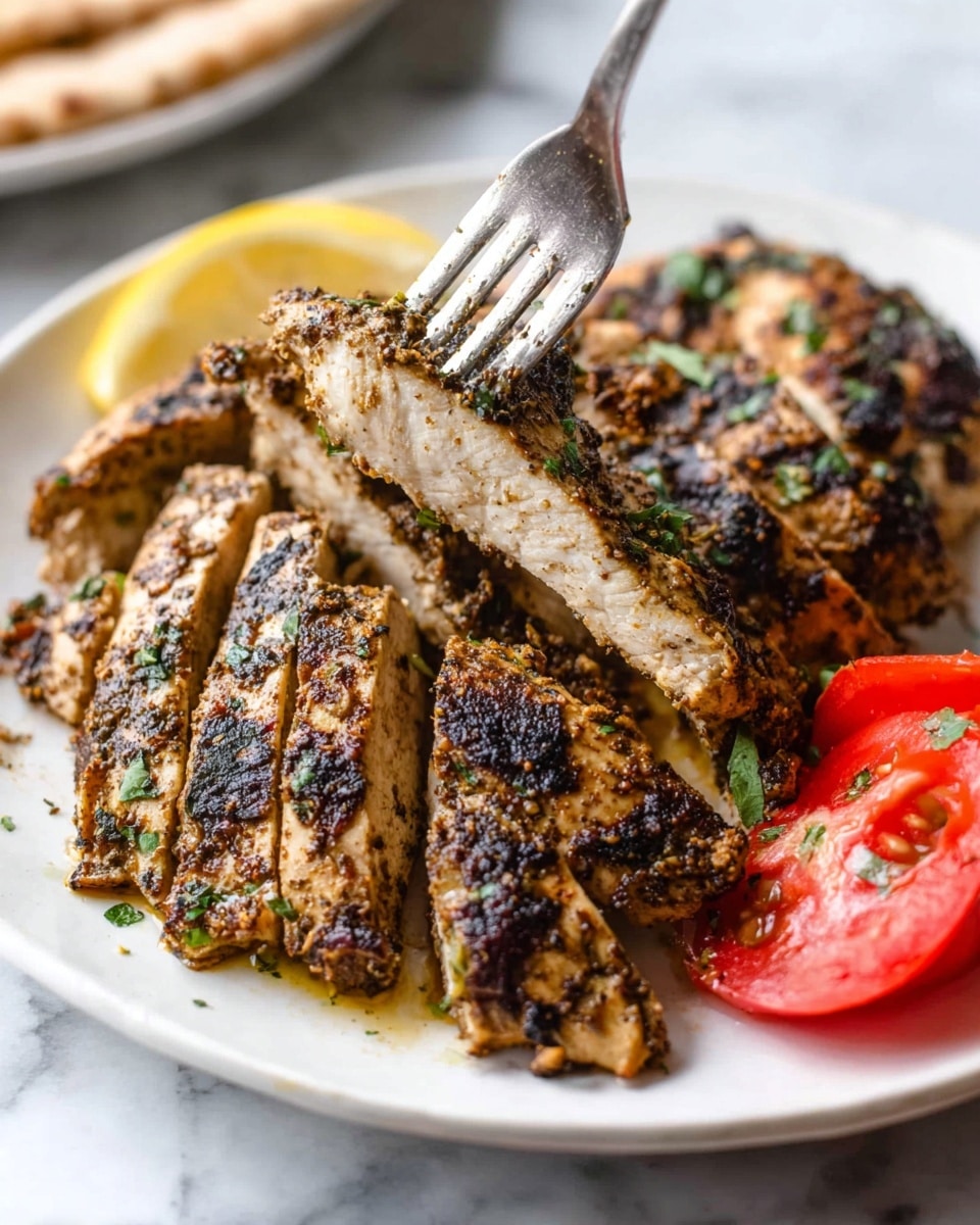 The image shows a white plate with grilled chicken as the main layer, seasoned with herbs and spices, with a slightly charred texture and garnished with small green herbs on top. The chicken is sliced into thick strips, placed on the right side of the plate, while a whole grilled chicken breast lies on the left side. Behind the chicken is a layer of flatbread, folded and browned in spots, covering part of the plate’s upper left edge. There are two lemon slices, one grilled with brown marks, placed near the chicken and flatbread on the bottom left and upper right edges of the plate. Fresh parsley is arranged on the bottom left of the plate next to the chicken, and a red tomato wedge with some green herbs is on the bottom right beside the sliced chicken pieces. All these are set on a white marbled surface. Photo taken with an iphone --ar 4:5 --v 7