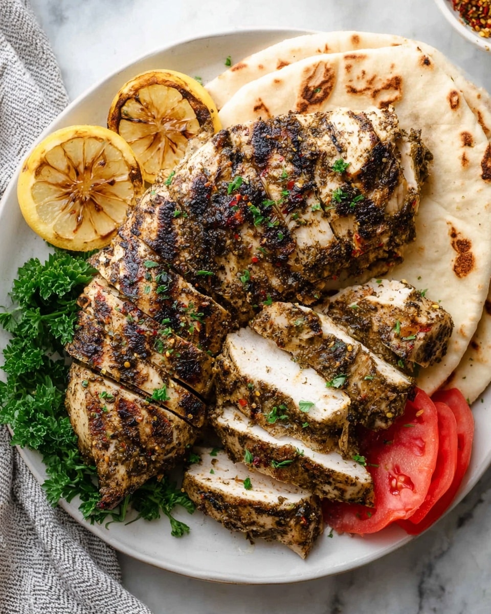 A white plate with grilled chicken pieces arranged in layers, each piece showing a dark brown, slightly charred texture with green herbs sprinkled throughout. The chicken is cut into thick strips and slices, with a close-up focus on one strip being held by a silver fork above the plate. A slice of red tomato sits on the bottom right of the plate, adding a bright contrast to the chicken. In the background, part of a yellow lemon wedge and some flatbread are visible. The scene is set on a white marbled surface. Photo taken with an iphone --ar 4:5 --v 7