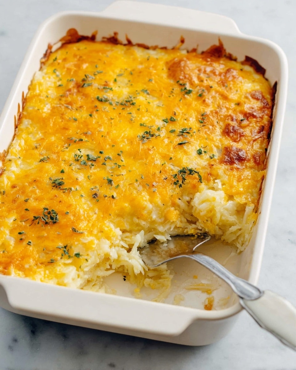 A white baking dish filled with a cheesy potato casserole showing two layers: the bottom layer has creamy white shredded potatoes mixed with sauce, and the top layer is a melted golden-yellow cheddar cheese crust with small green parsley bits sprinkled over it. A white-handled spatula is scooping some casserole out, revealing the soft texture inside, and the dish is set on a white marbled surface. photo taken with an iphone --ar 4:5 --v 7