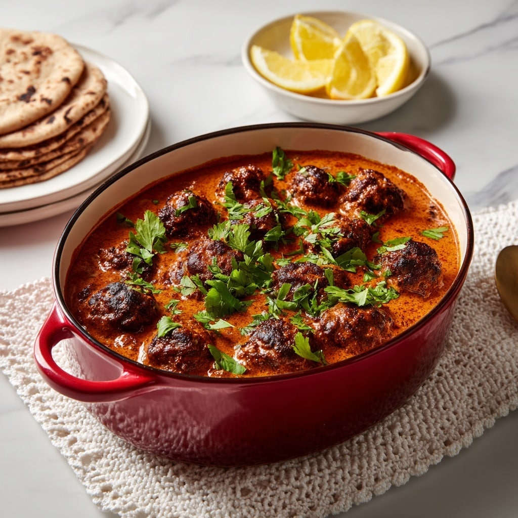 A red oval ceramic pot filled with a rich, red-orange creamy sauce with dark brown meatballs scattered evenly on top, garnished with chopped fresh green herbs. Next to the pot, there is a white crocheted cloth on a white marbled surface. Behind the pot, there is a small white bowl with several lemon slices, and a white plate holding a stack of browned flatbreads with a crisp texture. photo taken with an iphone --ar 4:5 --v 7