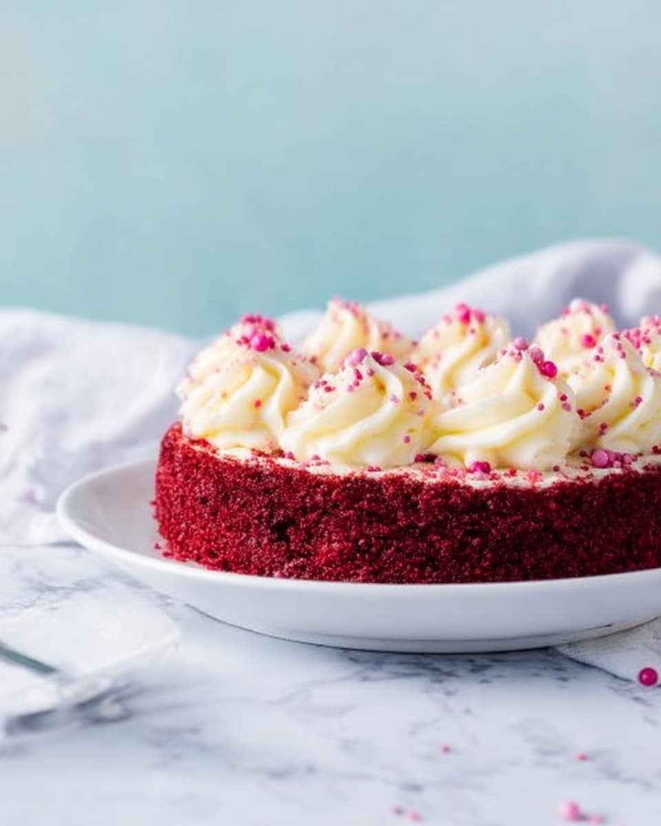 A single-layer red velvet cake with rich red color and smooth texture is placed on a white plate. The top is decorated with thick, swirled white cream dollops evenly spaced in a circle. Small pink and white round sprinkles are scattered over the cream, adding a touch of color. The plate and cake sit on a white marbled surface with a soft blue background. Photo taken with an iphone --ar 4:5 --v 7