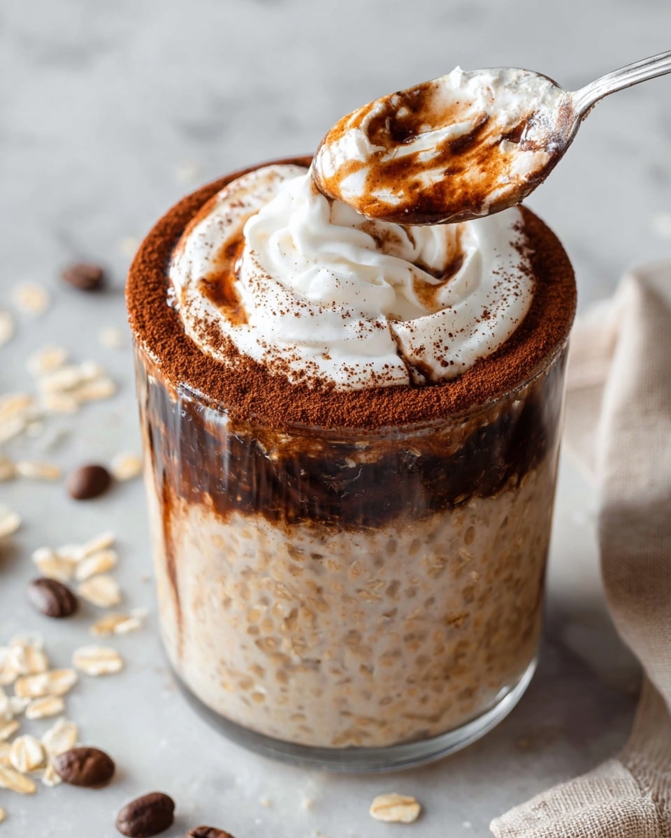 A clear glass shows a layered dessert with three distinct layers: the bottom layer is a light brown creamy mix with visible chia seeds, the middle layer is thick white cream softly blending into the bottom, and the top layer is dusted with fine dark brown cocoa powder, crowned with three coffee beans placed right in the center. The glass sits on a white plate that has a ring of cocoa powder around the base of the glass. A small spoon rests on the right side of the plate. The scene is set against a white marbled surface with scattered coffee beans and a striped cloth nearby, suggesting a cozy and fresh feel. Photo taken with an iphone --ar 4:5 --v 7