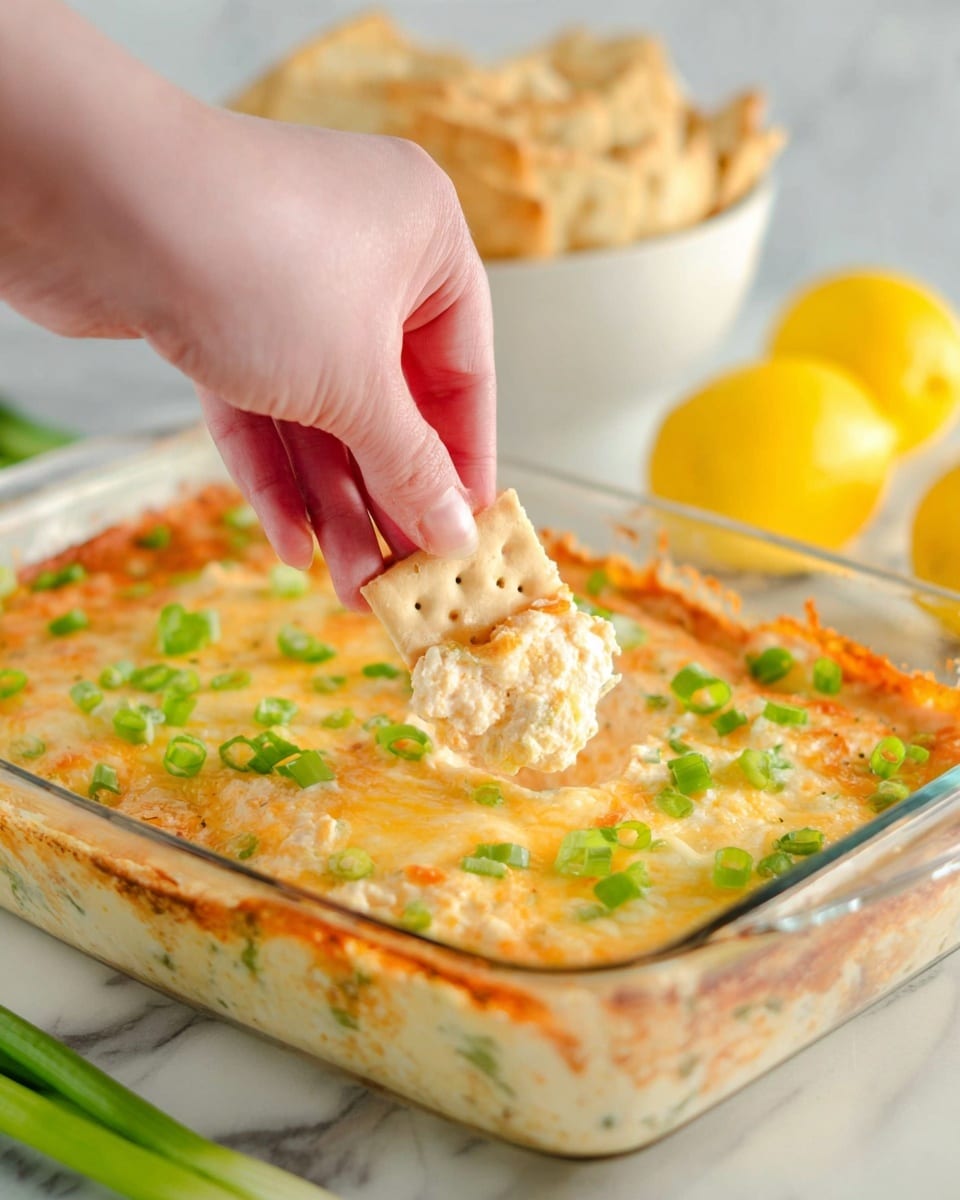 The image shows a glass baking dish filled with a baked cheesy dip that has a golden brown and slightly bubbly top layer sprinkled with small pieces of green onion. The dip appears creamy and thick, with the cheese layer melted evenly across the surface. The dish is placed on a wooden cutting board, sitting on a white marbled surface. In the background, there are two lemon halves, a bowl of crackers and chips, and two small green succulent-shaped ornaments in pastel-colored pots, along with part of a green onion bunch. photo taken with an iphone --ar 4:5 --v 7