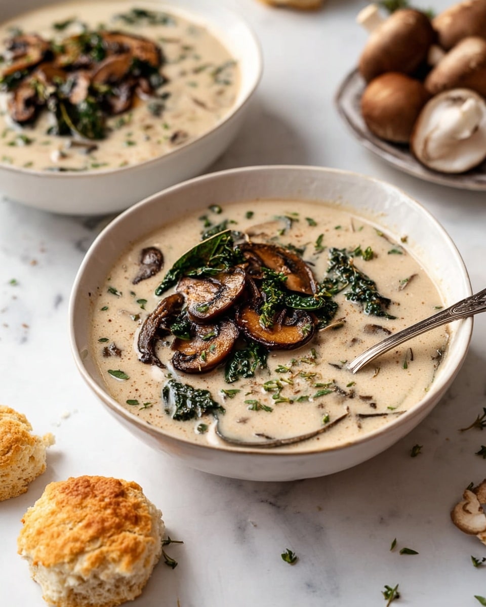 A white bowl filled with creamy mushroom soup, creamy light beige in color with visible small pieces of mushrooms throughout. On top, there is a layer of golden-brown sautéed mushroom slices and dark green crispy leaves, sprinkled with small green herbs. A silver spoon with some soup on it rests inside the bowl. Nearby, pieces of golden-brown biscuit are scattered on a white marbled surface. In the background, another white bowl with the same soup and mushrooms is slightly out of focus, along with a white bowl filled with whole mushrooms. photo taken with an iphone --ar 4:5 --v 7