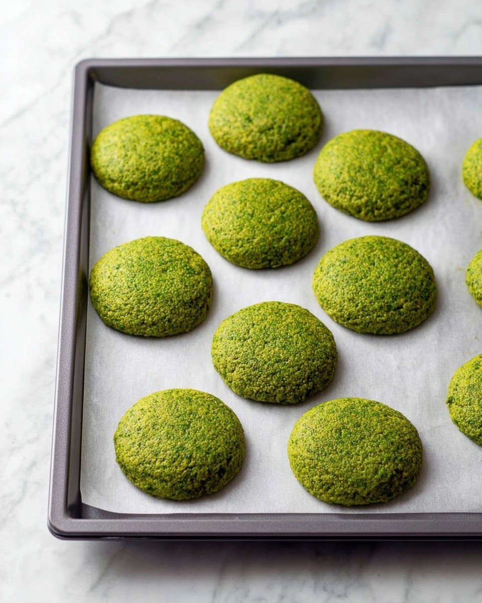 The image shows a baking tray with nine green cookies spread evenly on white baking paper. Each cookie is round, slightly domed, and has a slightly rough texture with a mix of light and dark green shades, indicating a leafy or herb-based ingredient. The baking tray has a dark gray edge, and the tray rests on a white marbled surface. The overall look is fresh and natural, with the green cookies standing out boldly against the white paper and marble. photo taken with an iphone --ar 4:5 --v 7