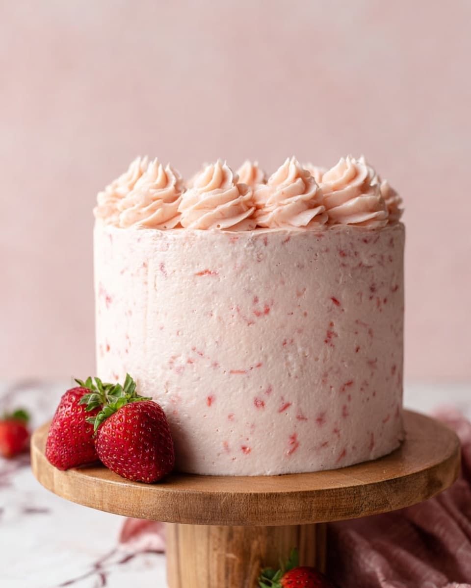 A tall slice of red velvet cake sits on a round wooden board, showing three thick layers of deep red cake separated by two layers of light pink cream with small specks, and bits of fresh strawberries in the middle layer. The outside is covered with the same pink cream, which is piped into soft peaks around the top edge. A single fresh strawberry rests beside the cake on the board. The background is a soft pink with a smooth gradient, and the surface below has a white marbled texture. Photo taken with an iphone --ar 4:5 --v 7