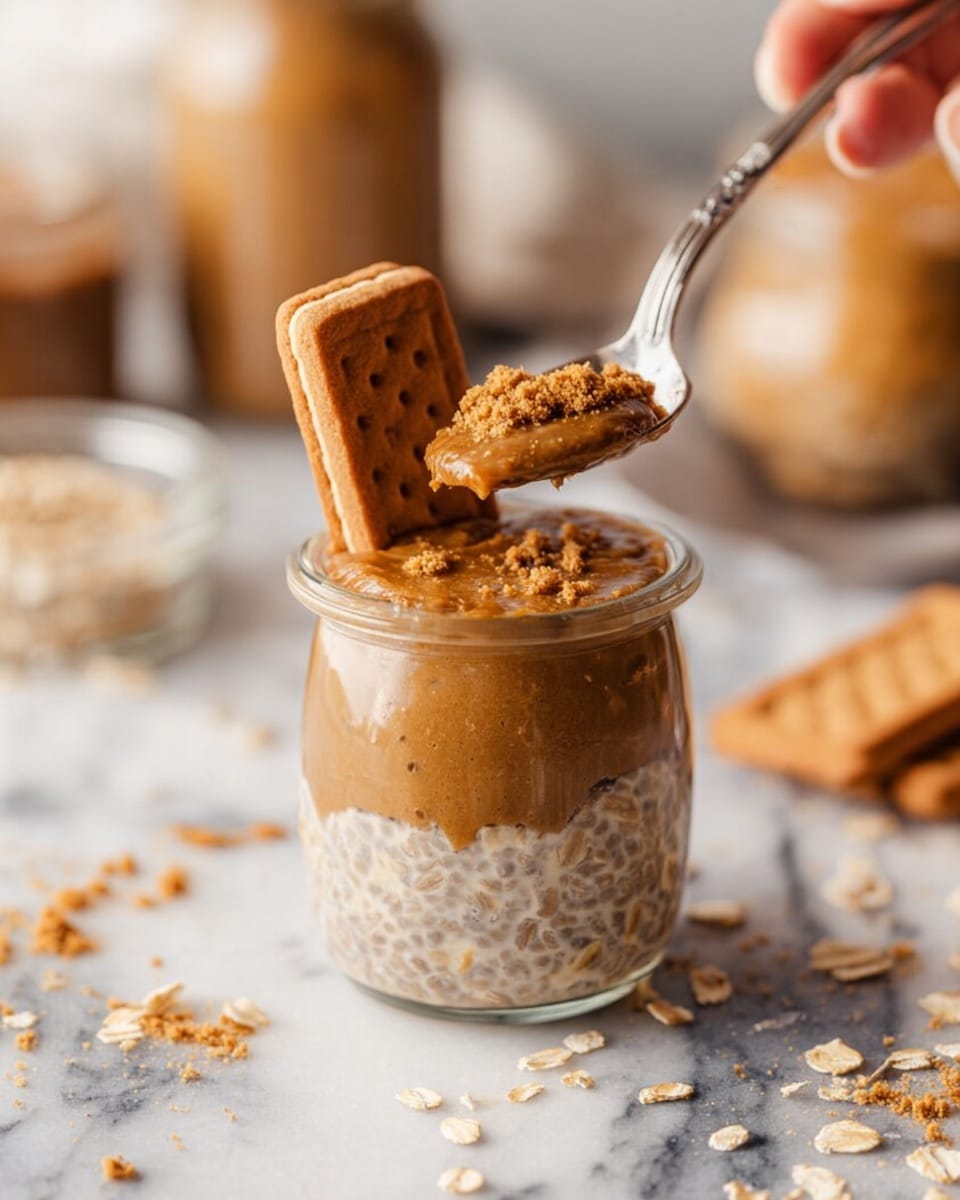 A small glass jar filled with three layers; the bottom and middle layers are a creamy mix of light brown oatmeal with dark brown specks evenly mixed in, giving a textured, soft appearance. On top, there is a scoop of smooth, thick caramel-colored peanut butter and a sprinkle of crumbly golden brown cookie crumbs. A large rectangular spiced cookie with detailed edges and patterns is stuck upright in the jar, adding height and color contrast to the dish. The jar sits on a white marbled surface with blurred oat flakes and cookies in the background, giving a cozy and natural look. Photo taken with an iphone --ar 4:5 --v 7