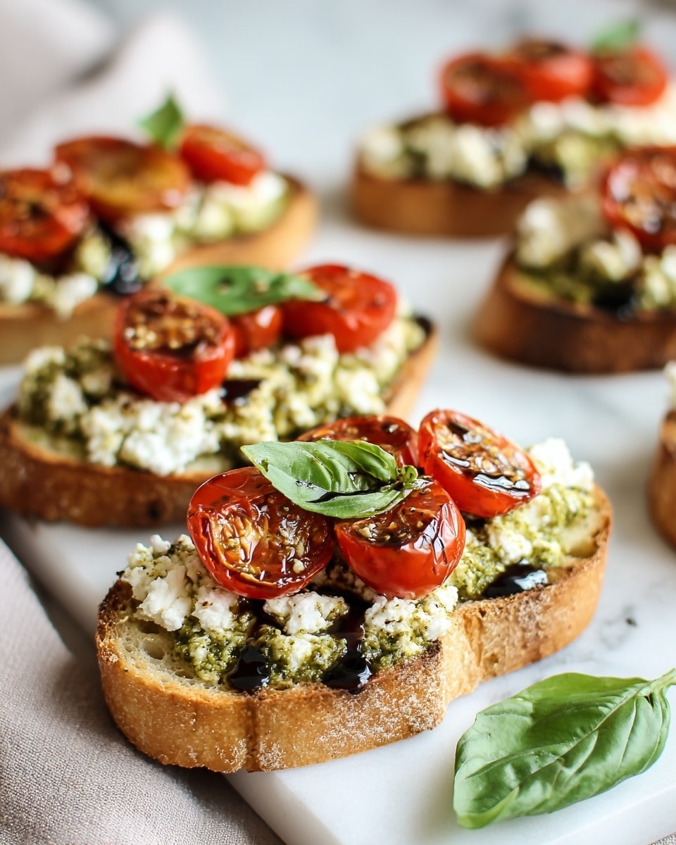 A white cutting board on a white marbled surface holds two slices of light brown bread with a soft, airy texture and crusty edges positioned on the left side. To the right, a bright red tomato with a green stem sits above a small fresh green basil sprig. At the top of the board, there are three small white bowls: the left bowl contains coarse salt and ground black pepper, the middle bowl is filled with vibrant green pesto sauce with a rough texture, and the metal measuring cup on the right is heaped with white cottage cheese, showing small curds. photo taken with an iphone --ar 4:5 --v 7