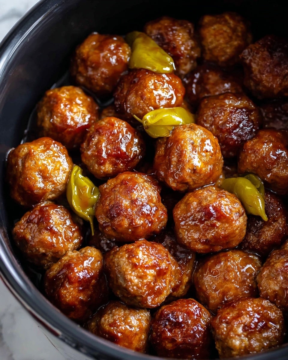 The image shows many golden-brown meatballs covered in a shiny glaze, arranged close together inside a black pot. Scattered among the meatballs are a few light green, wrinkled, pepper-shaped pickled peppers. The meatballs have a moist and slightly textured surface, and the overall look is rich and savory. The background has a white marbled texture. Photo taken with an iphone --ar 4:5 --v 7