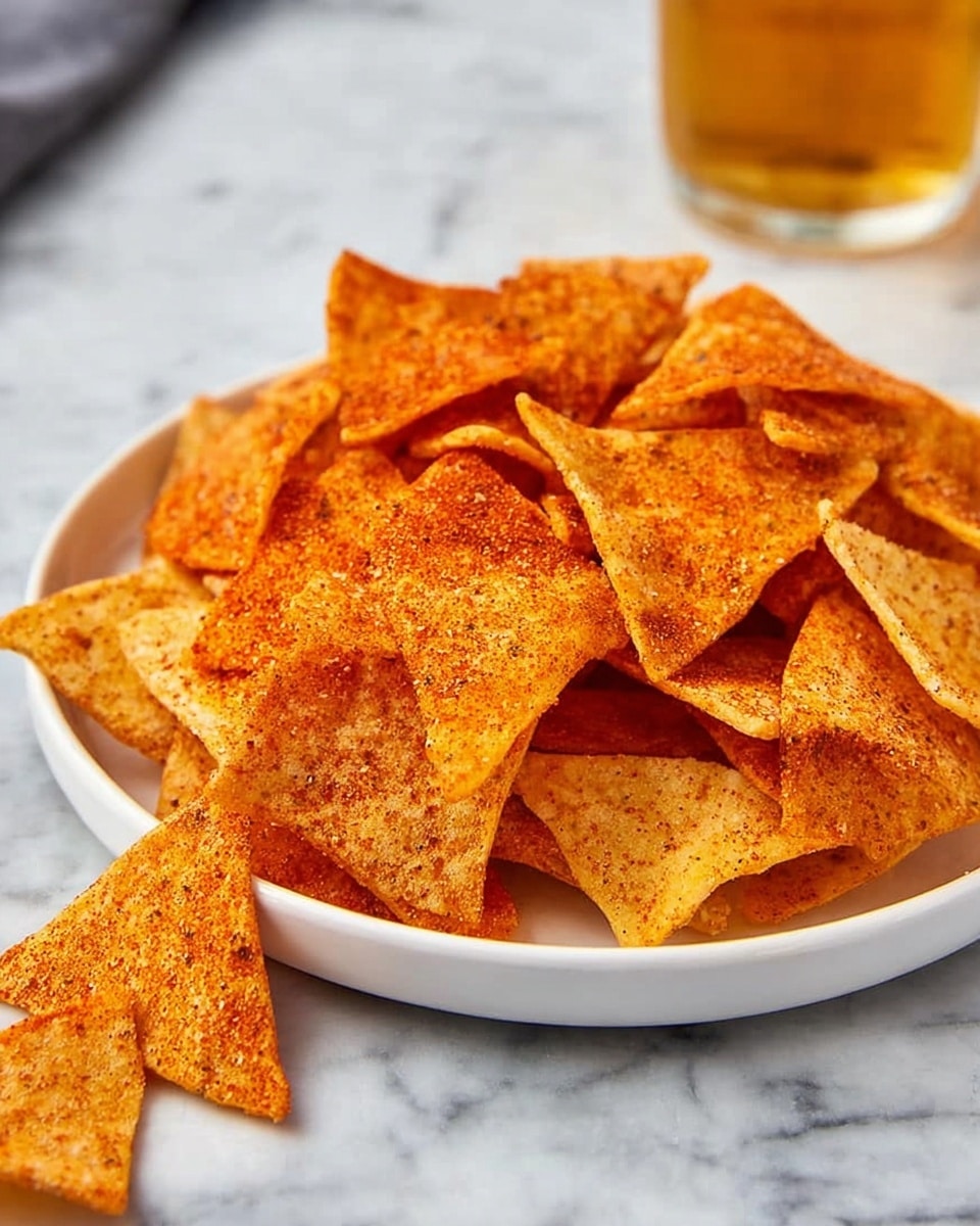 A white bowl filled with two layers of triangular pita chips, the bottom layer showing lighter, natural beige chips while the top layer is coated in a vibrant orange-red spice mix, creating a textured, slightly rough surface; the bowl is resting on a gray cloth against a white marbled surface with a blurry amber bottle and dark cloth in the background. Photo taken with an iphone --ar 4:5 --v 7