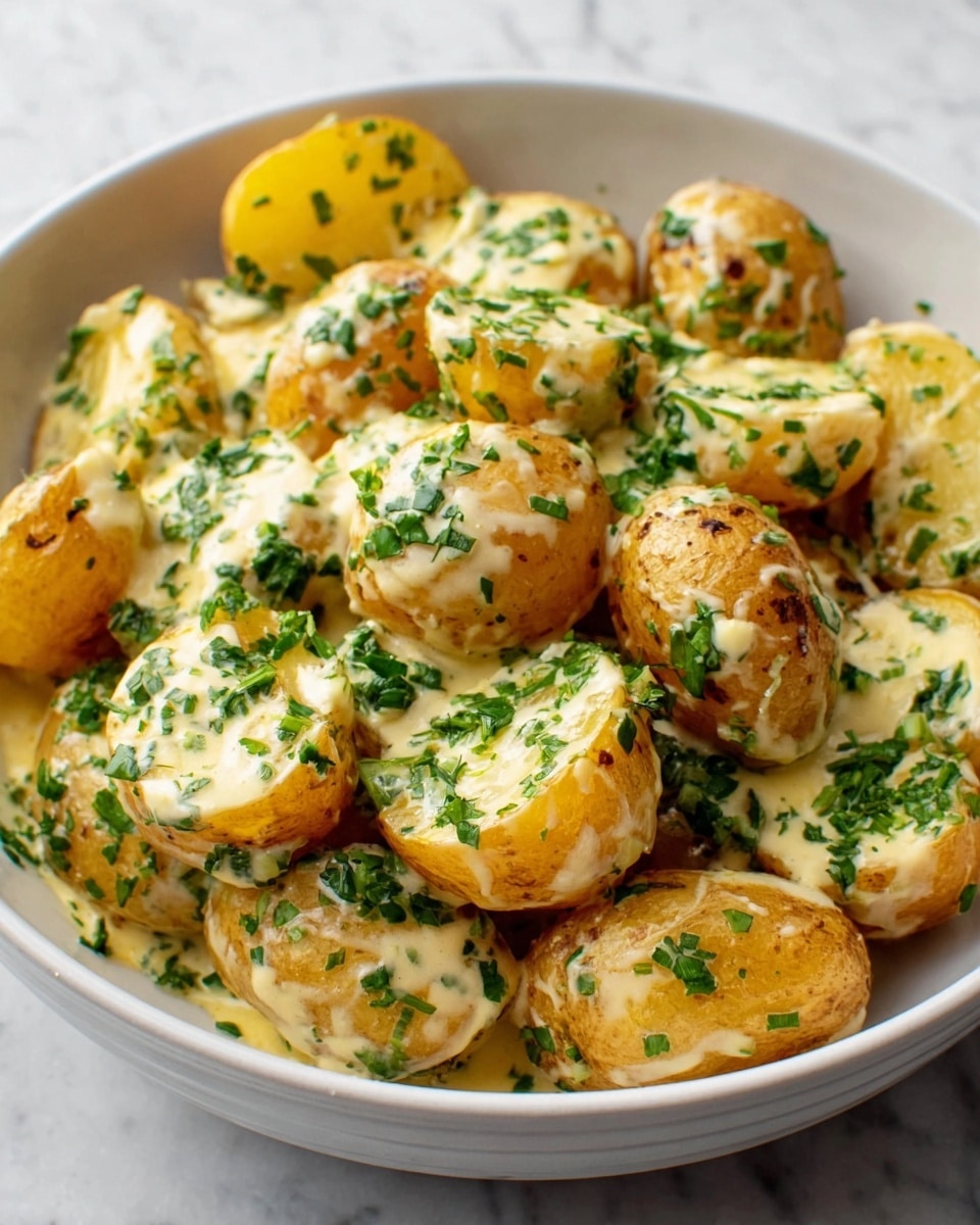 A white bowl filled with small golden-yellow roasted potatoes cut in halves and covered in a creamy pale yellow sauce, sprinkled generously with finely chopped bright green herbs. The potatoes have a slightly crispy texture on the outside and soft inside. The creamy sauce clings to each piece, creating a smooth and rich look. The dish is simple and comforting, placed on a white marbled surface. photo taken with an iphone --ar 4:5 --v 7