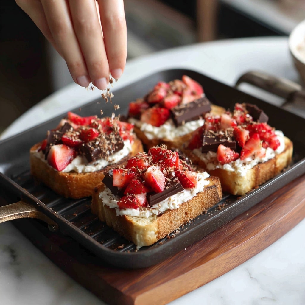 The image shows three slices of toasted bread on a grill pan, each topped with a piece of dark chocolate. In the next part, a woman's hand is sprinkling small red chunks, likely diced strawberries, stacked on a creamy white spread on the toasted bread, arranged on a wooden board. In the third part, a man's hand is using a peeler to shave chocolate pieces over the strawberry-topped bread slices, adding small dark chocolate curls on top. The wooden board is set on a white marbled surface. photo taken with an iphone --ar 4:5 --v 7