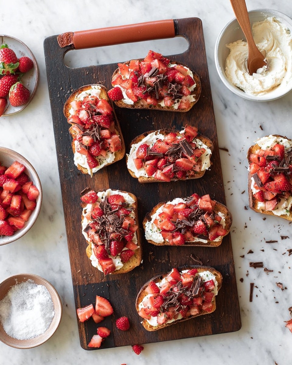 The image shows six slices of toasted bread on a dark wooden board with leather handles, placed on a white marbled surface. Each slice has a base layer of a light, creamy spread, followed by chopped bright red strawberries scattered on top. Some slices are also sprinkled with thin dark chocolate shavings adding texture and extra color. Around the board, there are small white bowls containing more of the creamy spread, sugar, and additional cut strawberries with a small wooden spoon in one bowl. The scene is bright, fresh, and inviting, with crumbs and bits of strawberry adding a casual, homemade feel. Photo taken with an iphone --ar 4:5 --v 7