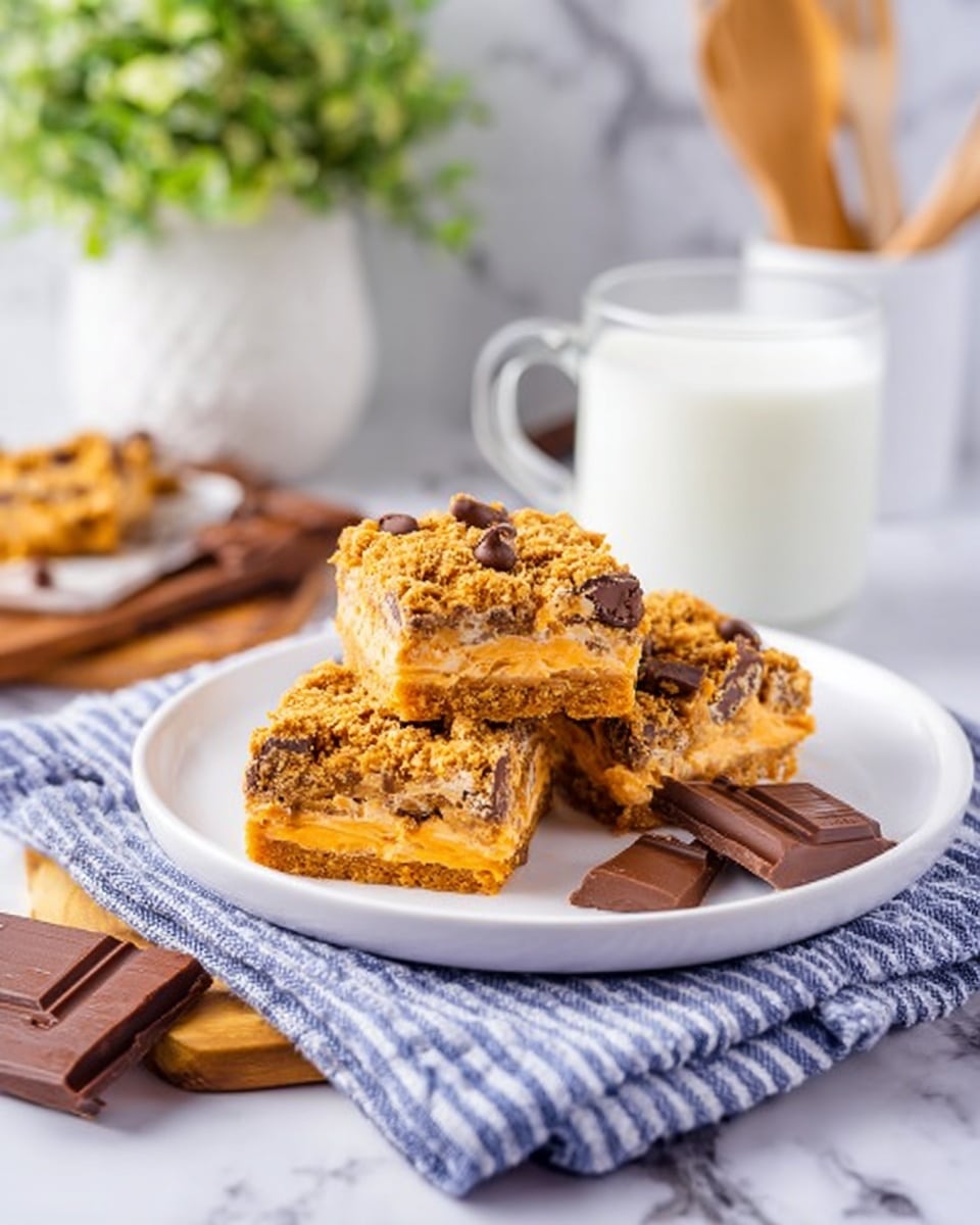 The image shows two thick square bars stacked on a white plate, placed on a pile of more white plates, all set on a white marbled surface. Each bar has three layers: a light brown base layer with a soft texture, a middle layer with darker chunks adding a rough texture, and a bright orange crumbly top layer with visible crunchy flakes and chocolate pieces. In the background, a white pitcher and a part of another plate with a similar bar are visible, slightly blurred, giving the scene a warm, homemade feel. photo taken with an iphone --ar 4:5 --v 7