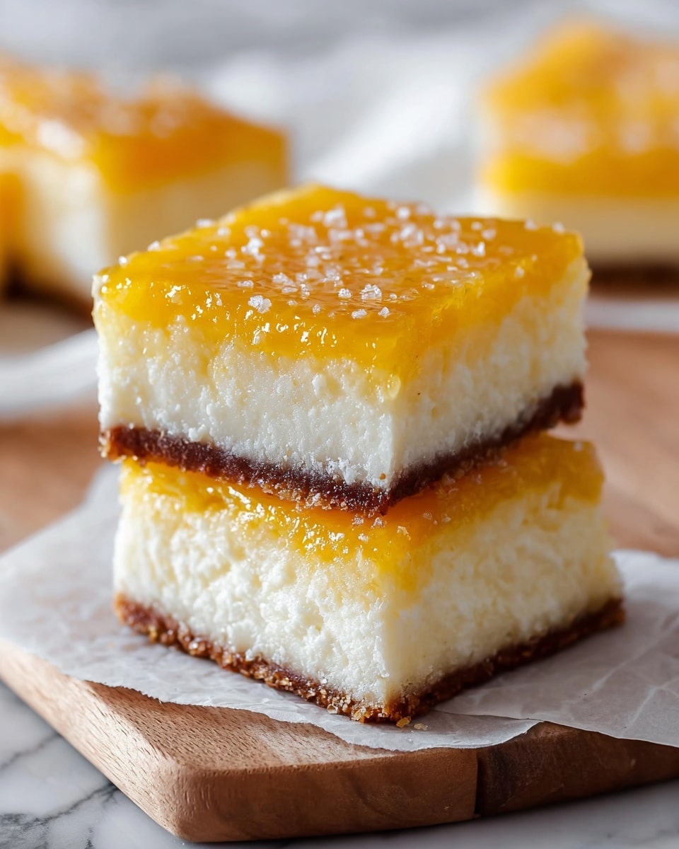The image shows a close-up of a triangle-shaped slice of a two-layered dessert placed on white parchment paper over a white marbled surface. The bottom layer is thick, textured, and white, resembling a soft coconut base, while the top layer is thin, smooth, and bright yellow with a glossy finish and slightly browned edges. In the background, out-of-focus pieces of the same dessert are arranged. The overall lighting is soft and natural. photo taken with an iphone --ar 4:5 --v 7