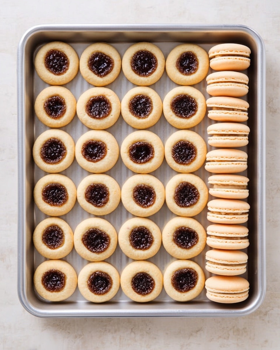The image shows a rectangular metal baking tray on a white marbled surface filled with small round cookies arranged in a neat grid. There are four rows and eight columns of thumbprint cookies, each with a golden-brown baked edge and a dark brown filling in the center, having a slightly chunky texture. On the right side of the tray, there is a column of seven sandwich cookies, each made of two light golden rounds with a faintly visible filling between them, smooth and rounded on top. The cookies contrast with the light tray and white marbled surface, highlighting their warm colors. photo taken with an iphone --ar 4:5 --v 7