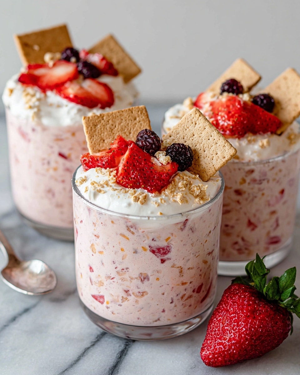 Two clear glass jars filled with a creamy pink mixture that has visible small red strawberry pieces throughout. The jars are packed full with a textured top layer of chunky, mixed cereal or oats with red strawberry bits. Each jar has a silver spoon sticking out from the middle. Around the jars on a white marbled surface are whole bright red strawberries, one cut in half showing its juicy inside, and scattered pieces of light-colored broken crackers or cereal. The background is softly blurred with a white marbled texture. photo taken with an iphone --ar 4:5 --v 7