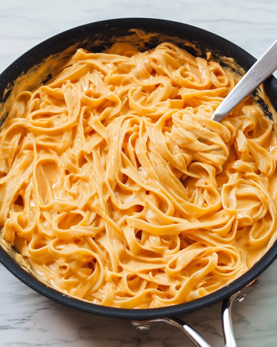 A close-up of a black skillet filled with light orange creamy sauce covering many long, thin, flat noodles twisted and layered thickly across the pan. A silver fork is twirling some noodles in the right half of the skillet, showing the sauce's smooth texture coating the pasta. The skillet rests on a white marbled surface. photo taken with an iphone --ar 4:5 --v 7